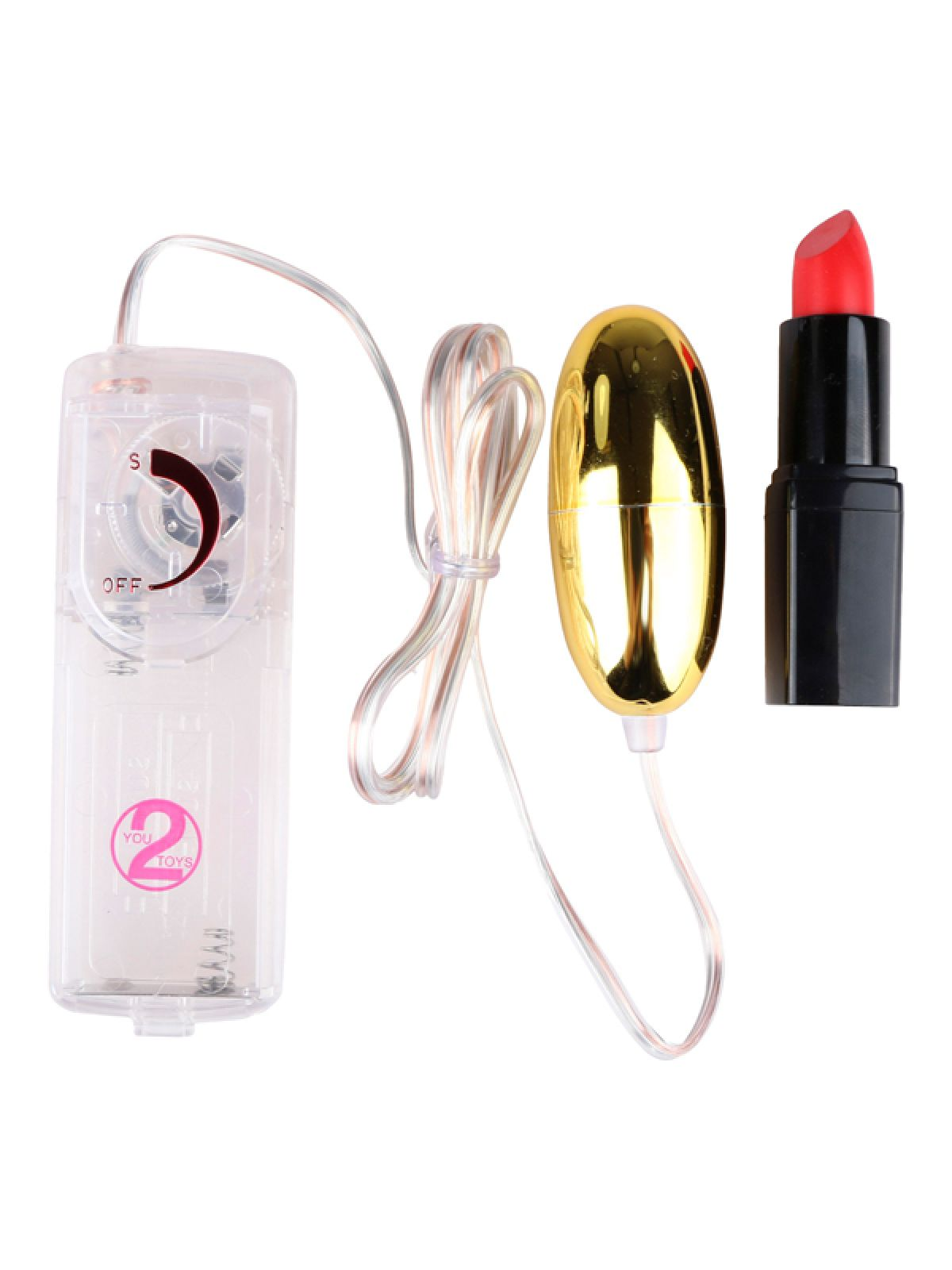 Sexspielzeug: goldener Vibrator, Lippenstift und eine Steuereinheit mit Kabel.