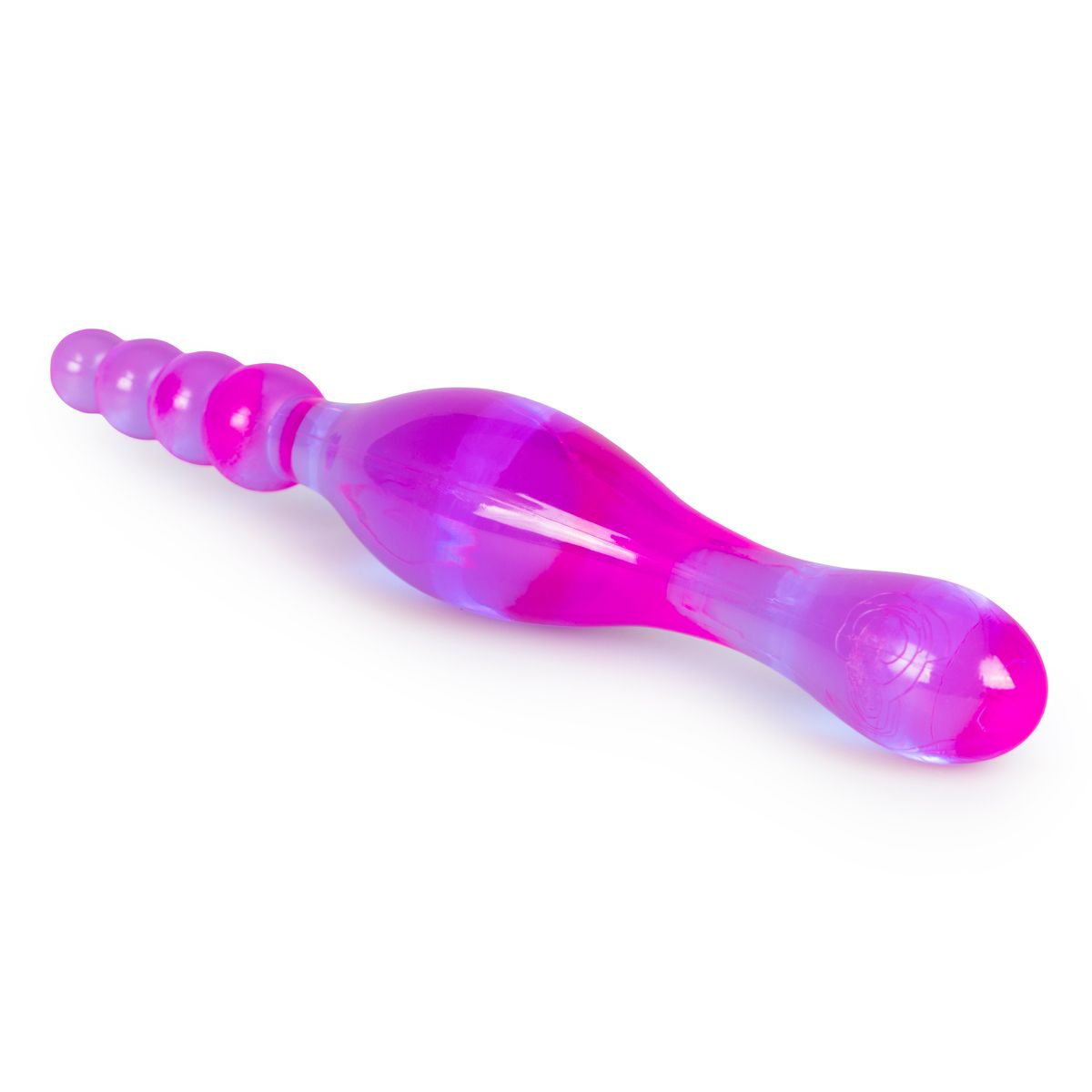 Ein pink-violetter Vibrator mit gebogenem Körper und knolligem Ende auf Weiß.