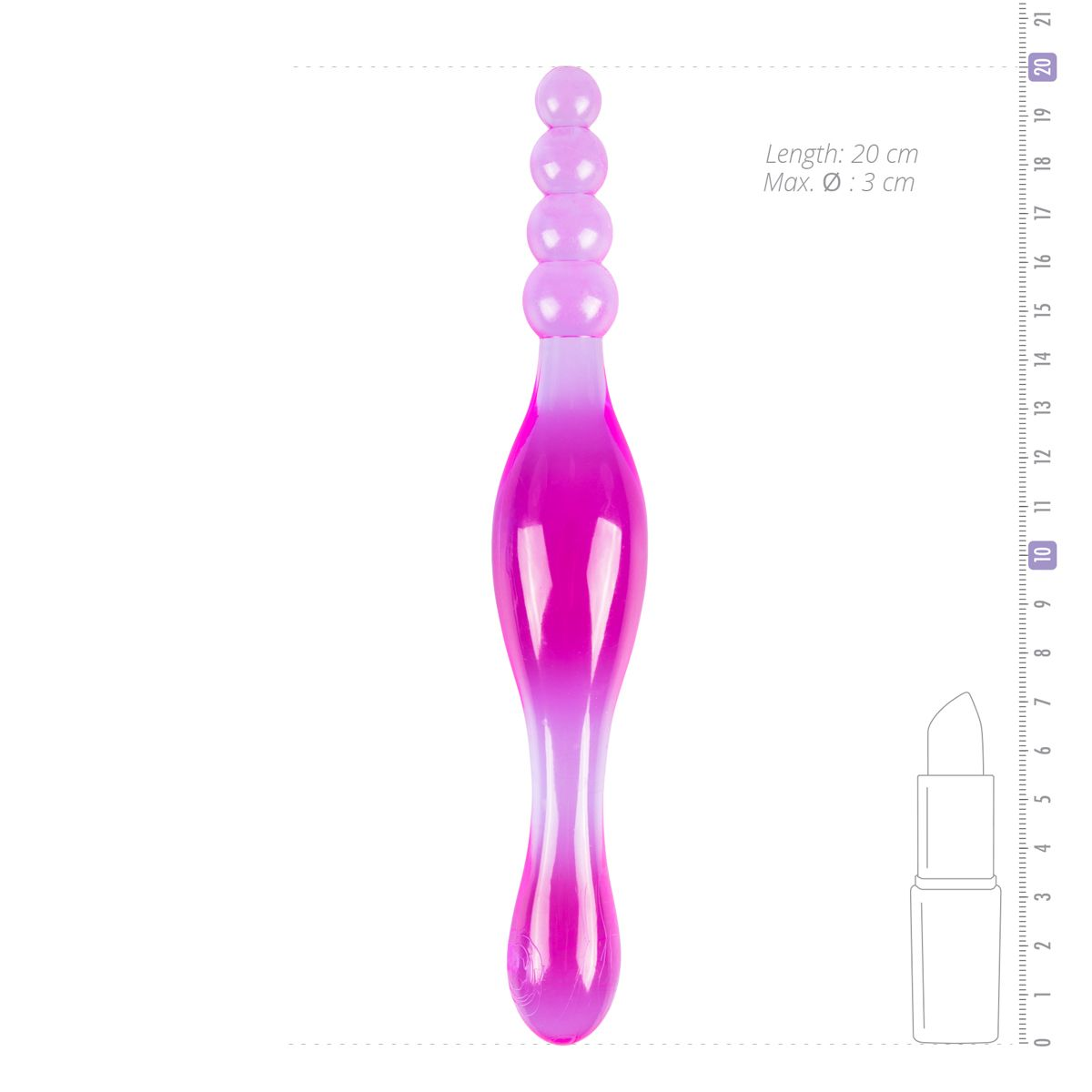 Pinkes und lila Sexspielzeug, mit abgerundeter Spitze und einem Lippenstift daneben zur Größenbestimmung.