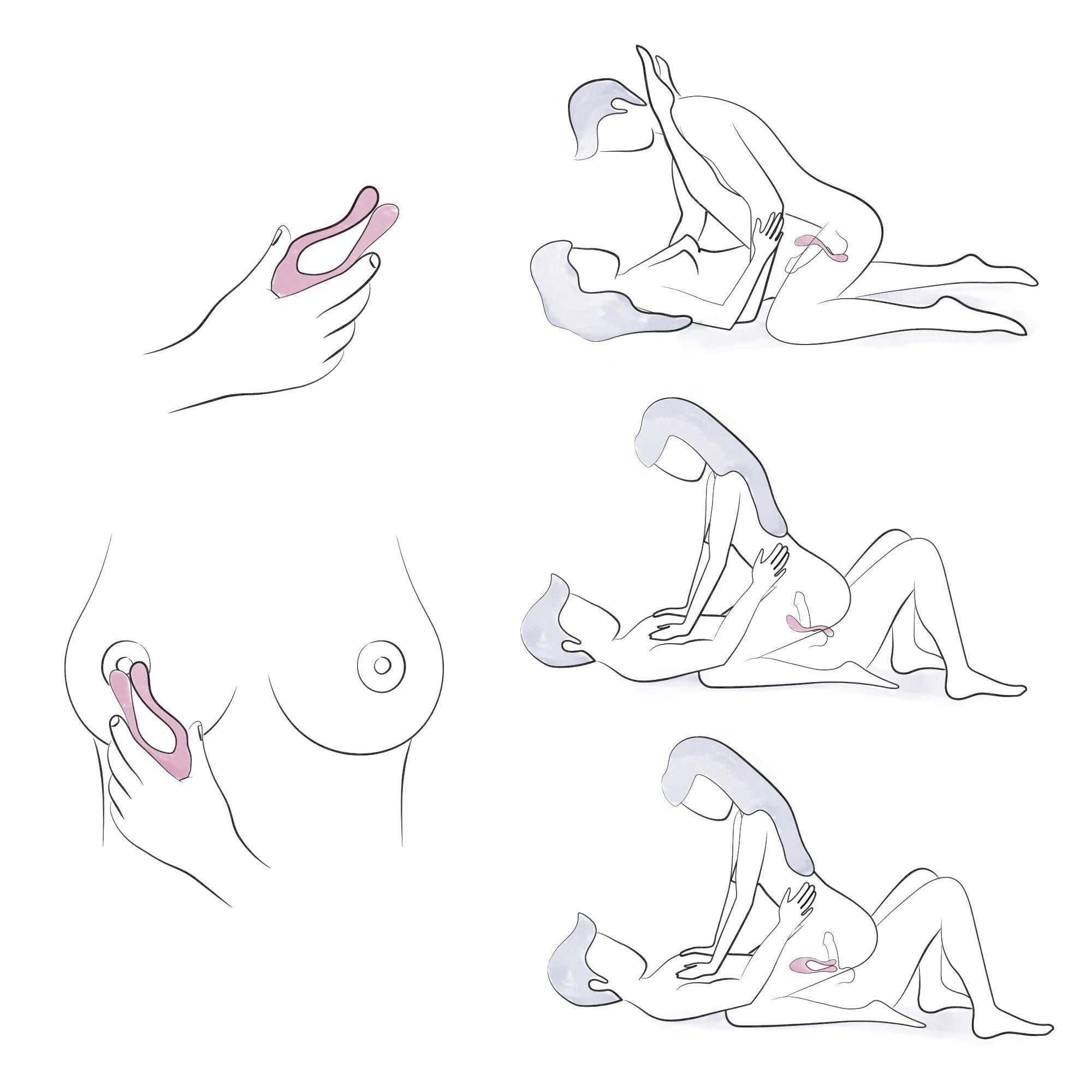 Rysunek liniowy pokazujący dłoń trzymającą zabawkę erotyczną i różne pozycje seksualne z parami.