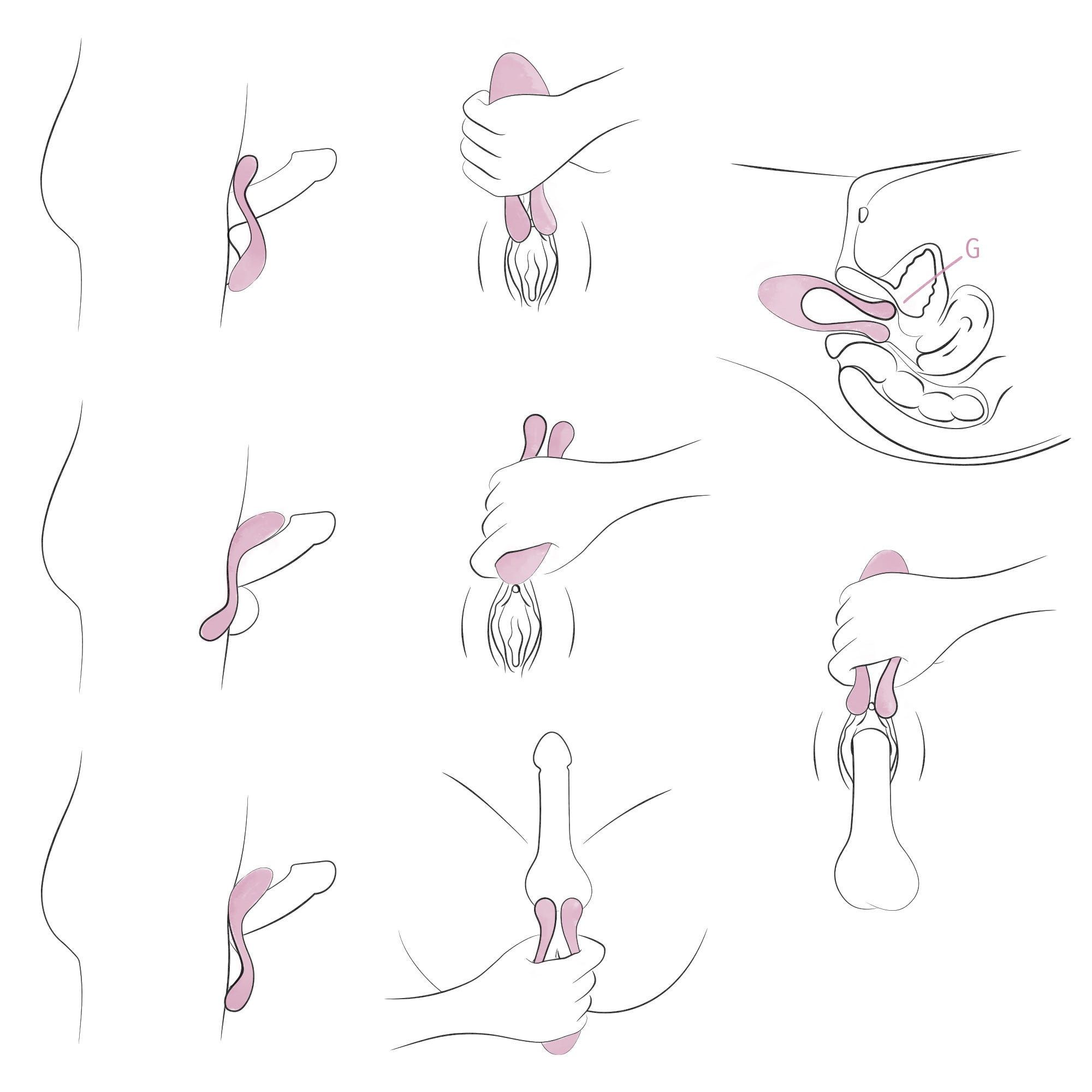 Rysunek liniowy przedstawia schematy użycia urządzenia na narządach płciowych w różnych pozycjach.