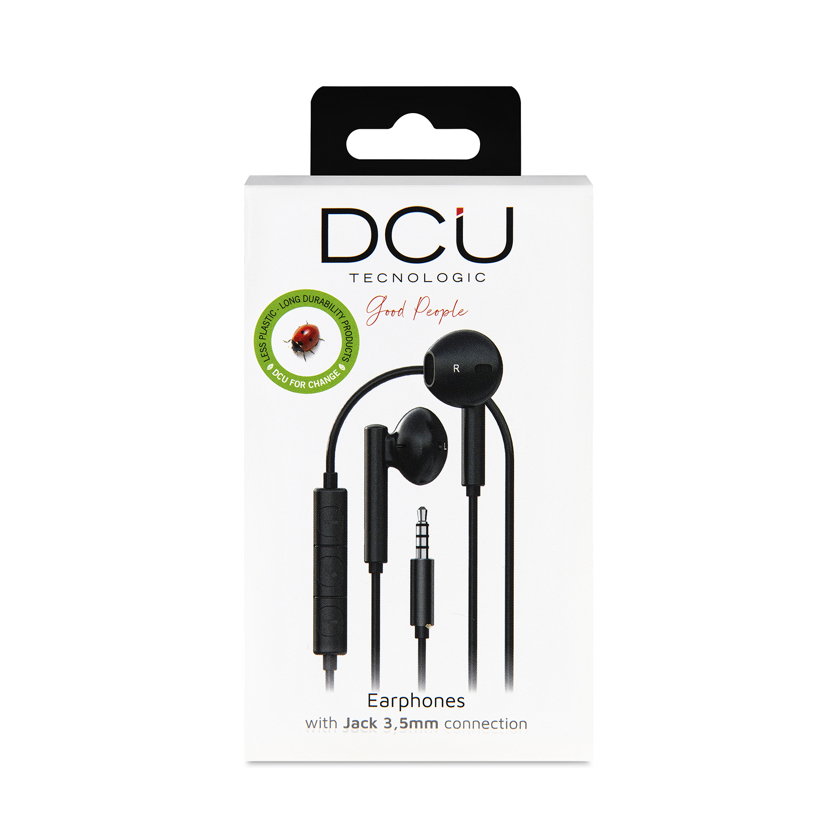 Pudełko słuchawek DCU z połączeniem jack 3,5 mm, z logo marki i hasłem.