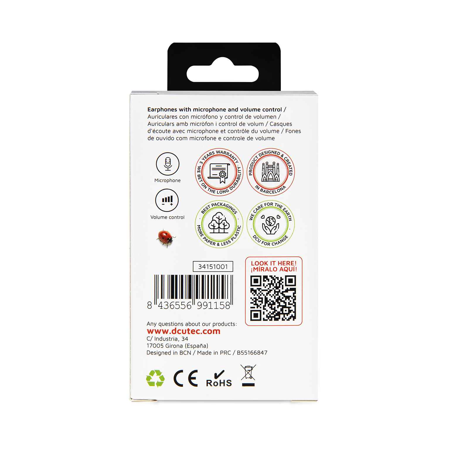 Pudełko słuchawek. Tekst: Słuchawki z mikrofonem i regulacją głośności. Zawiera gwarancję i QR.