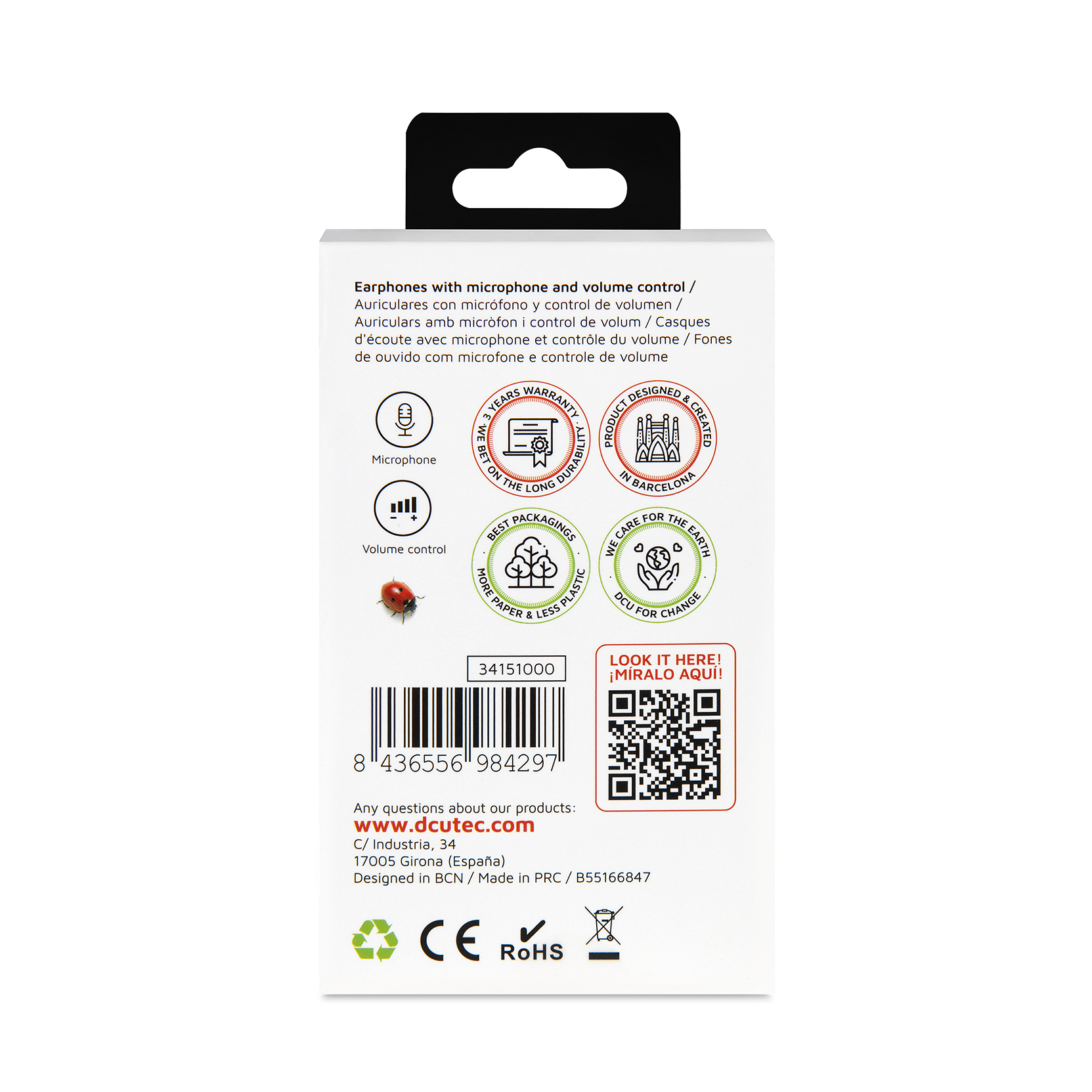 Opakowanie słuchawek, ze zdjęciami regulacji głośności, mikrofonu i szczegółami gwarancji. Zielono-biały design.