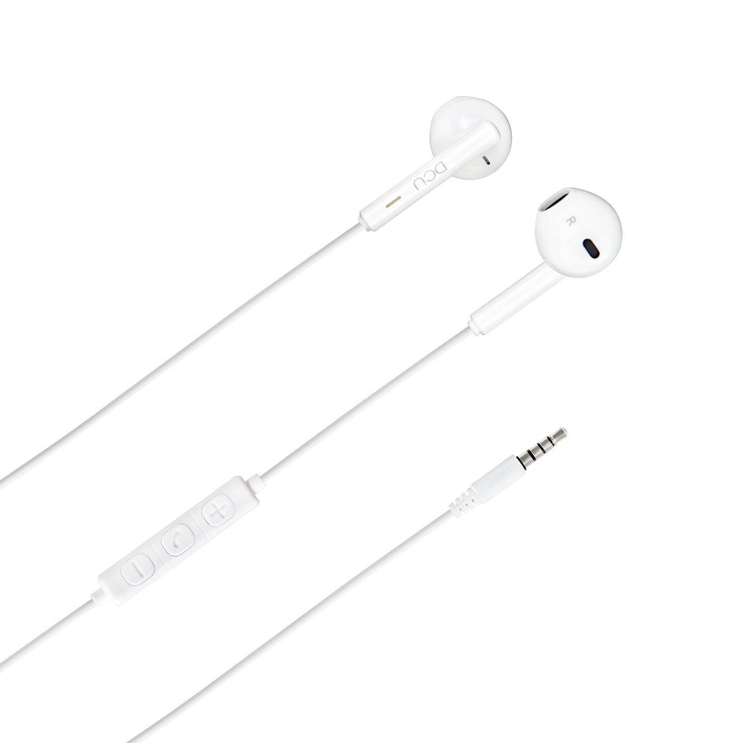 Białe słuchawki douszne z kontrolą i wtyczką 3,5 mm.