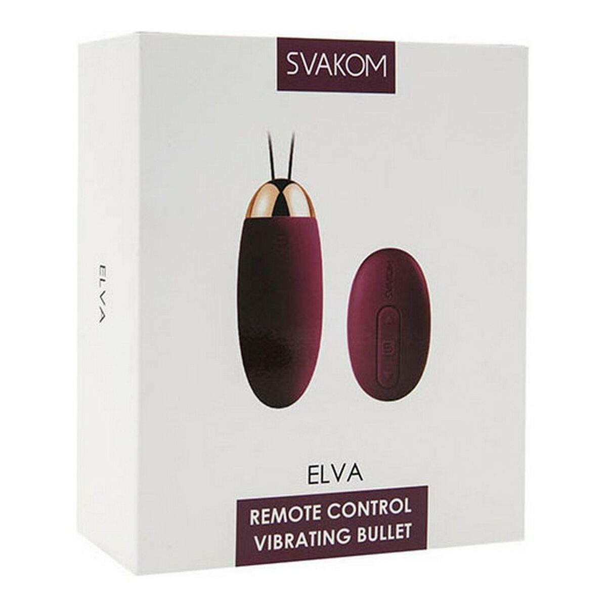 Eine weiße Schachtel mit einem Vibrator und einer Fernbedienung. Der Vibrator ist dunkelrot und gold.