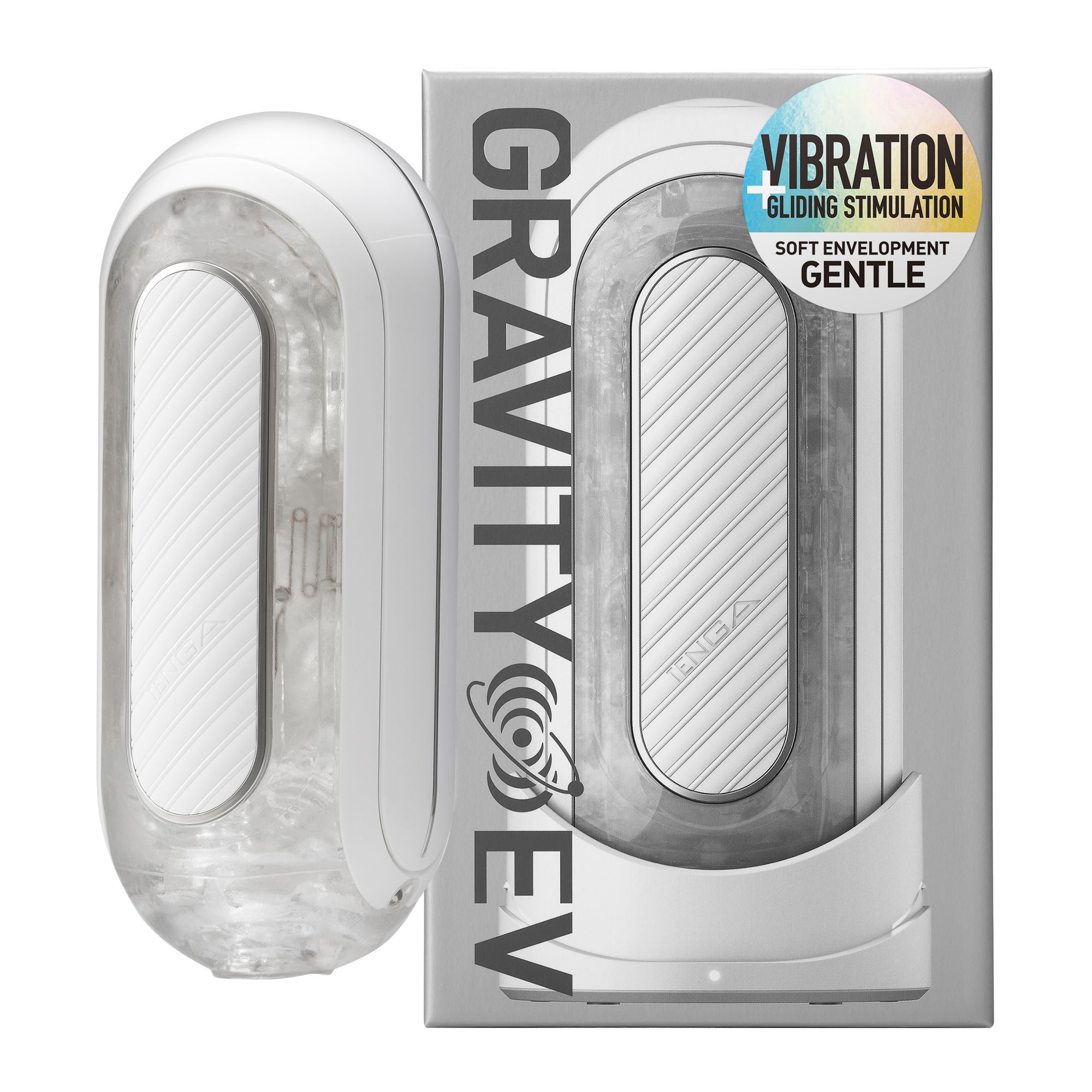 Weißes Sexspielzeug mit transparentem Gehäuse und Box mit 'GRAVITY DEV' und 'VIBRATION'.