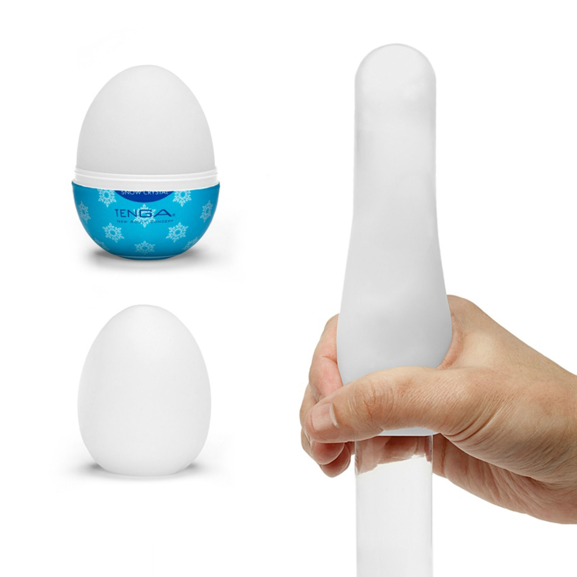 Weißes Tenga-Ei-Spielzeug mit blau-weißem Behälter, in der Hand gehalten.