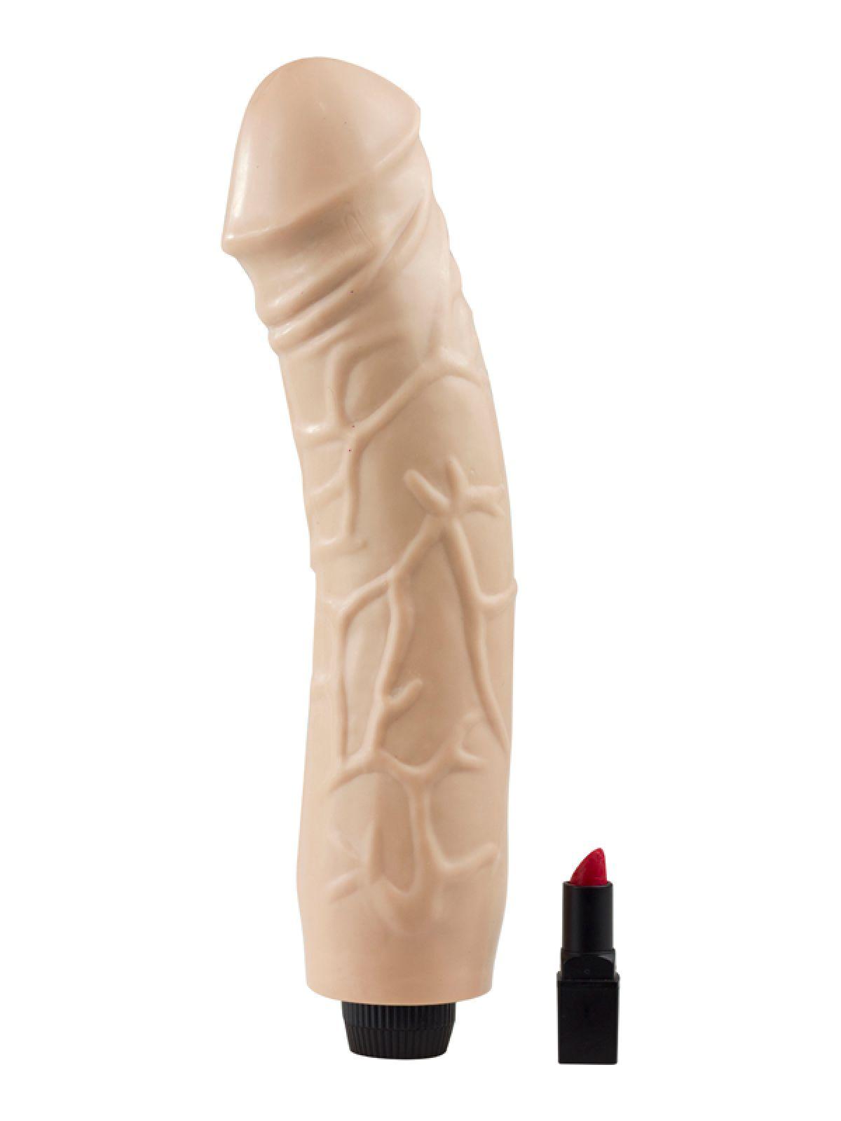 Ein Sexspielzeug und ein roter Lippenstift. Das Sexspielzeug ist hellbeige und hat Adern. Der Lippenstift ist in einem schwarzen Etui.