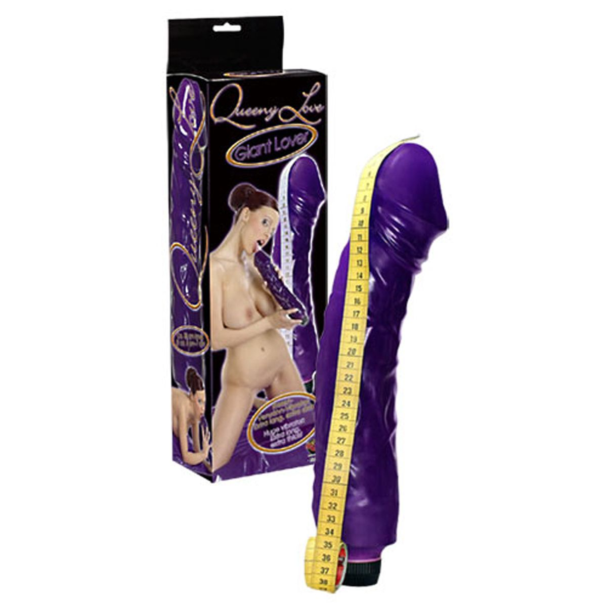 Verpackung mit Frau in Dessous und riesigem lila Dildo.