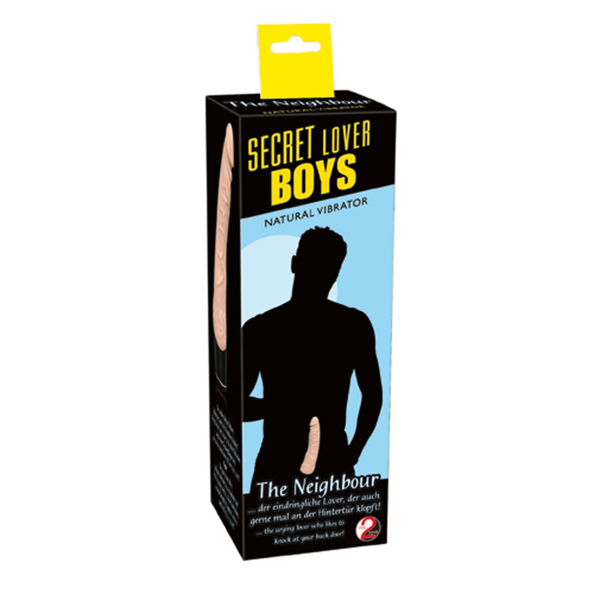 Schachtel mit der Aufschrift Secret Lover Boys, Natural Vibrator, mit einer Männersilhouette und einem Vibrator. Text sagt 'The Neighbour'.