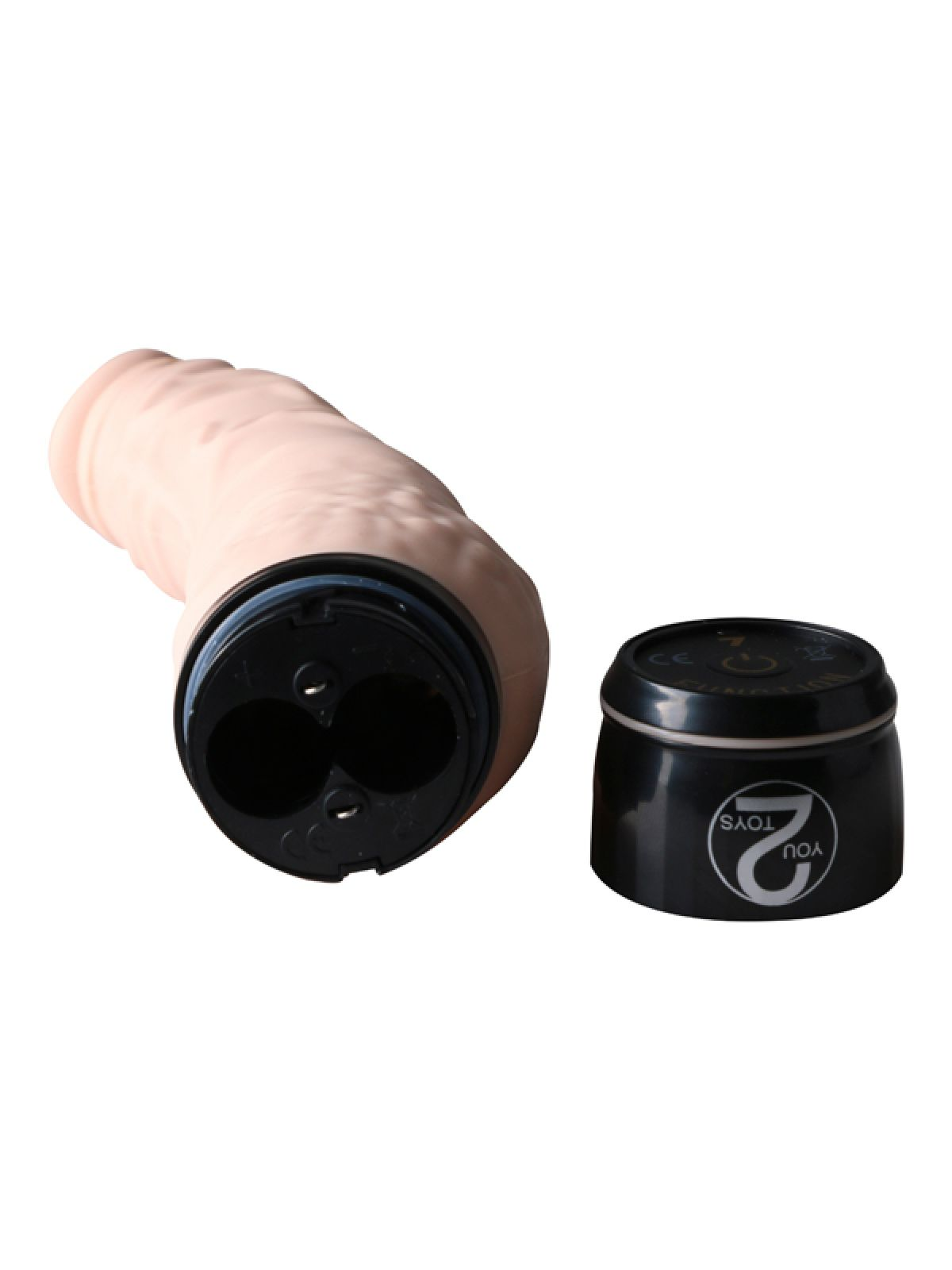 Ein Sexspielzeug. Es hat einen hellrosa Schaft, einen schwarzen Sockel mit Batteriesteckplätzen und einen schwarzen Deckel mit dem Logo "2 YOU TOYS".