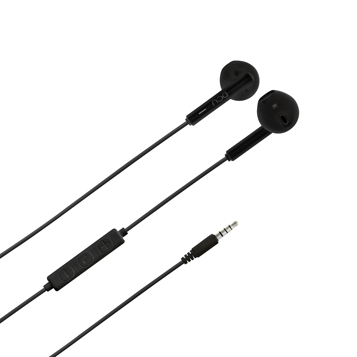 Czarne słuchawki z panelem sterowania i gniazdem audio 3,5 mm. Kabel jest czarny.