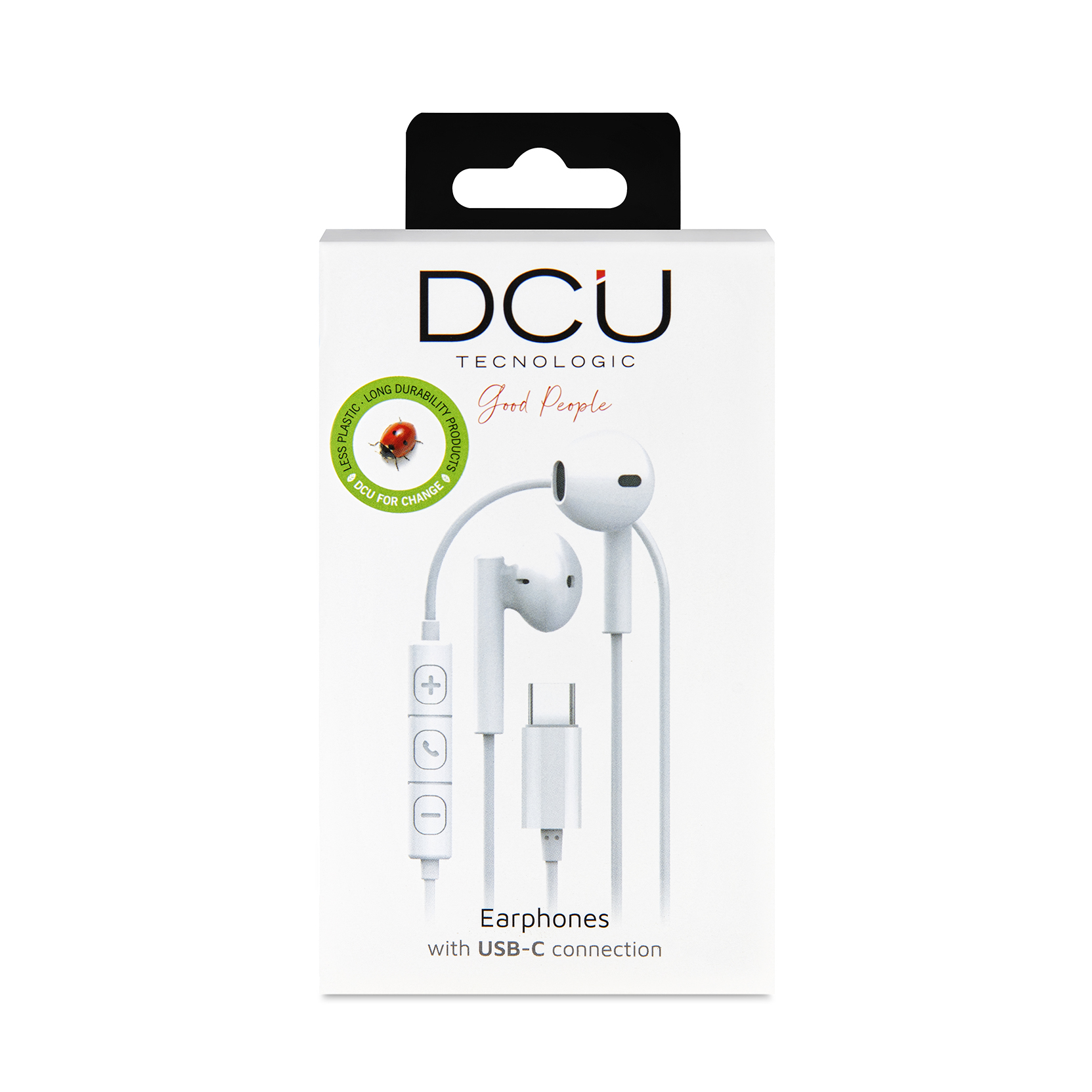 Auricolari bianchi in una scatola. La scatola presenta il logo 'DCU' e il testo 'Good People'.