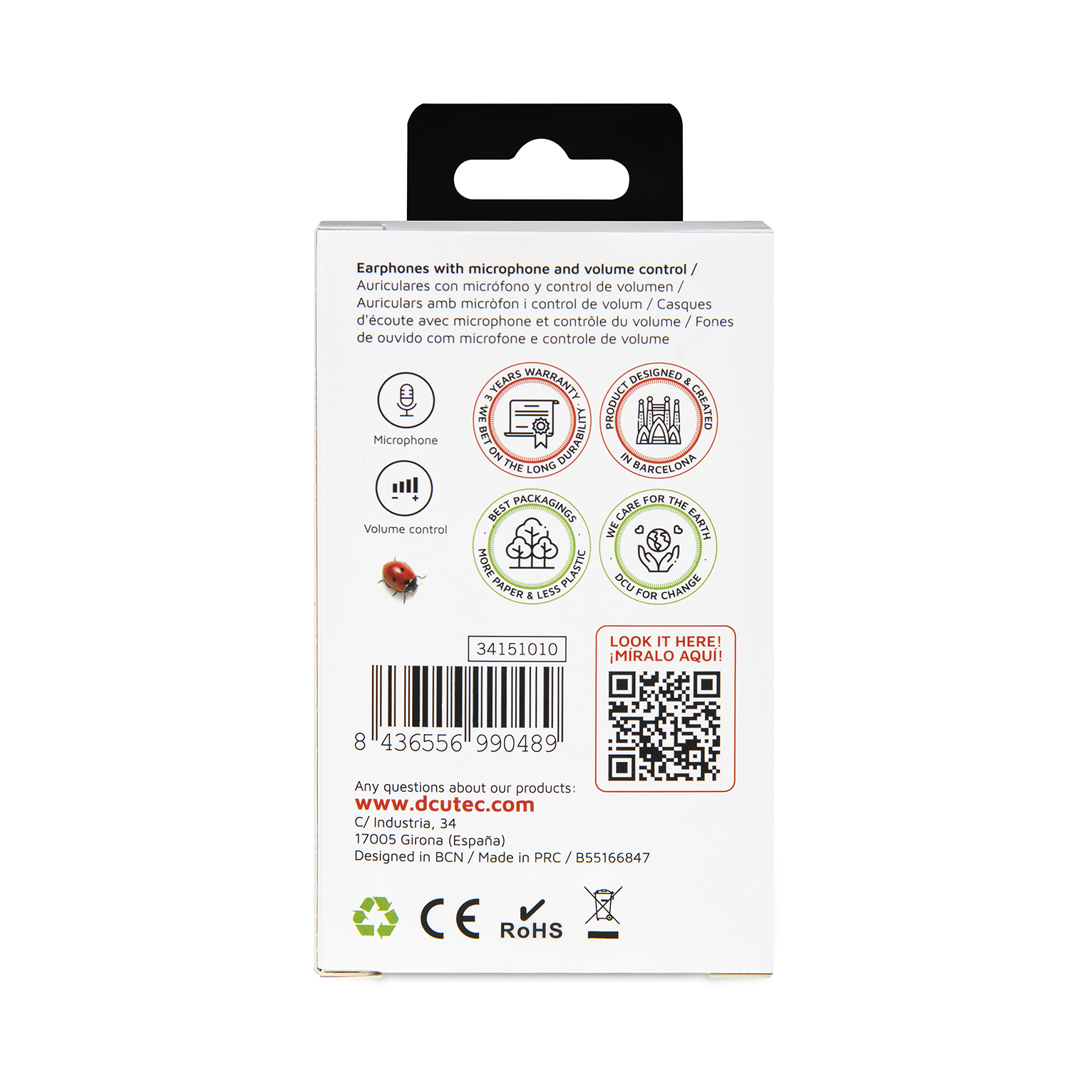 Confezione di auricolari con testo, una coccinella e un codice QR. Mostra i dettagli del prodotto.