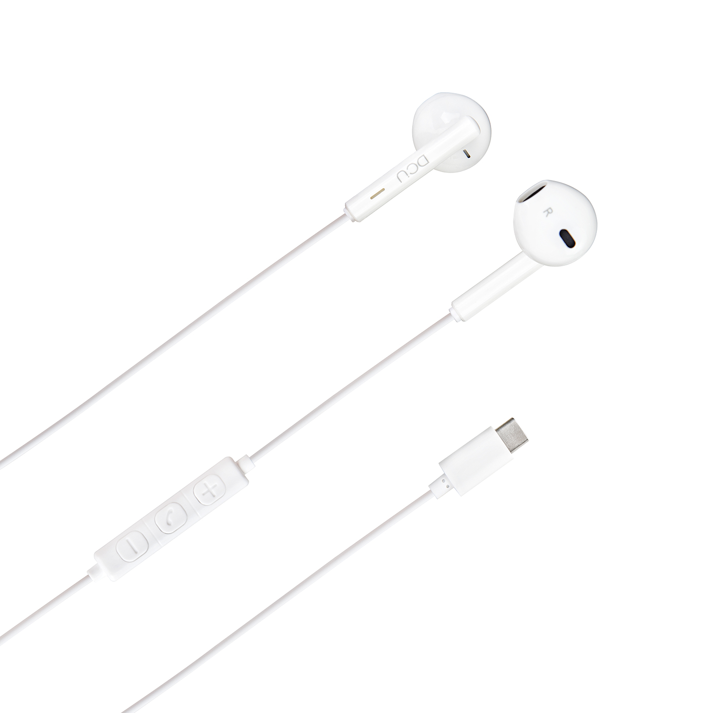 Auricolari bianchi con modulo di controllo e connettore USB-C. Gli auricolari sono su sfondo bianco.