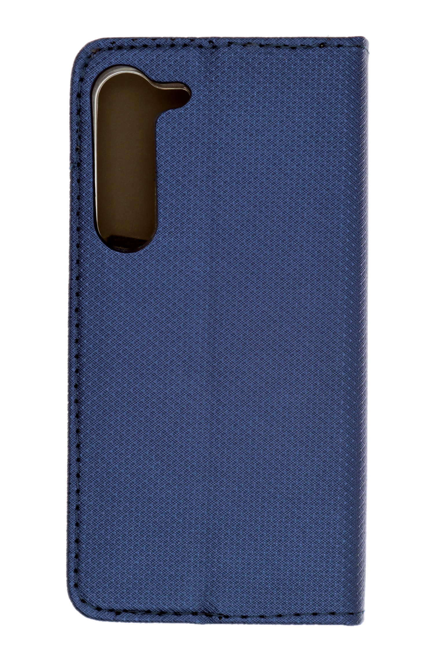 Blaue Handyhülle mit Kameraausschnitt und schwarzen Nähten.