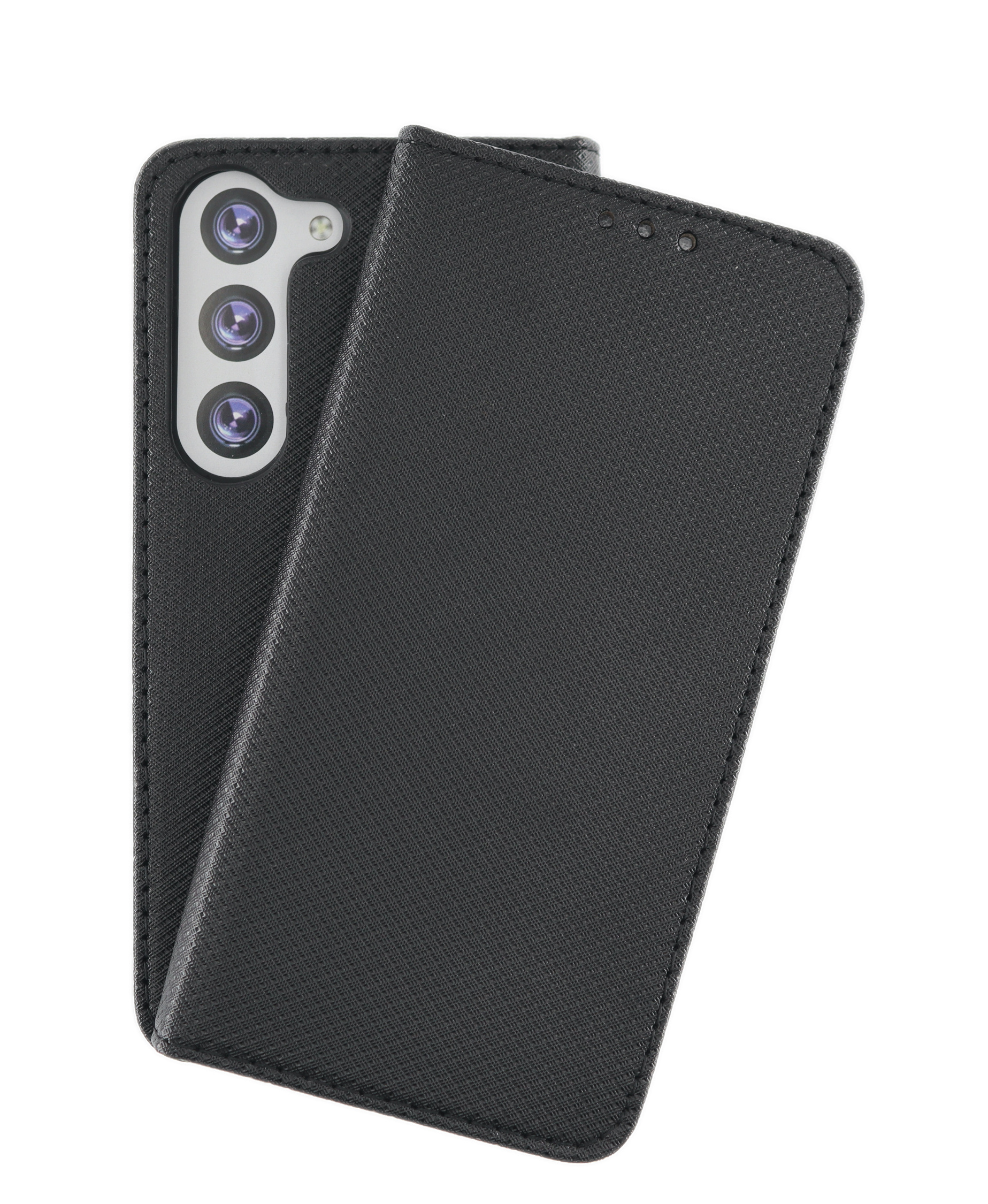 Schwarze Handyhülle. Die offene Hülle zeigt ein Smartphone mit drei Kameras.