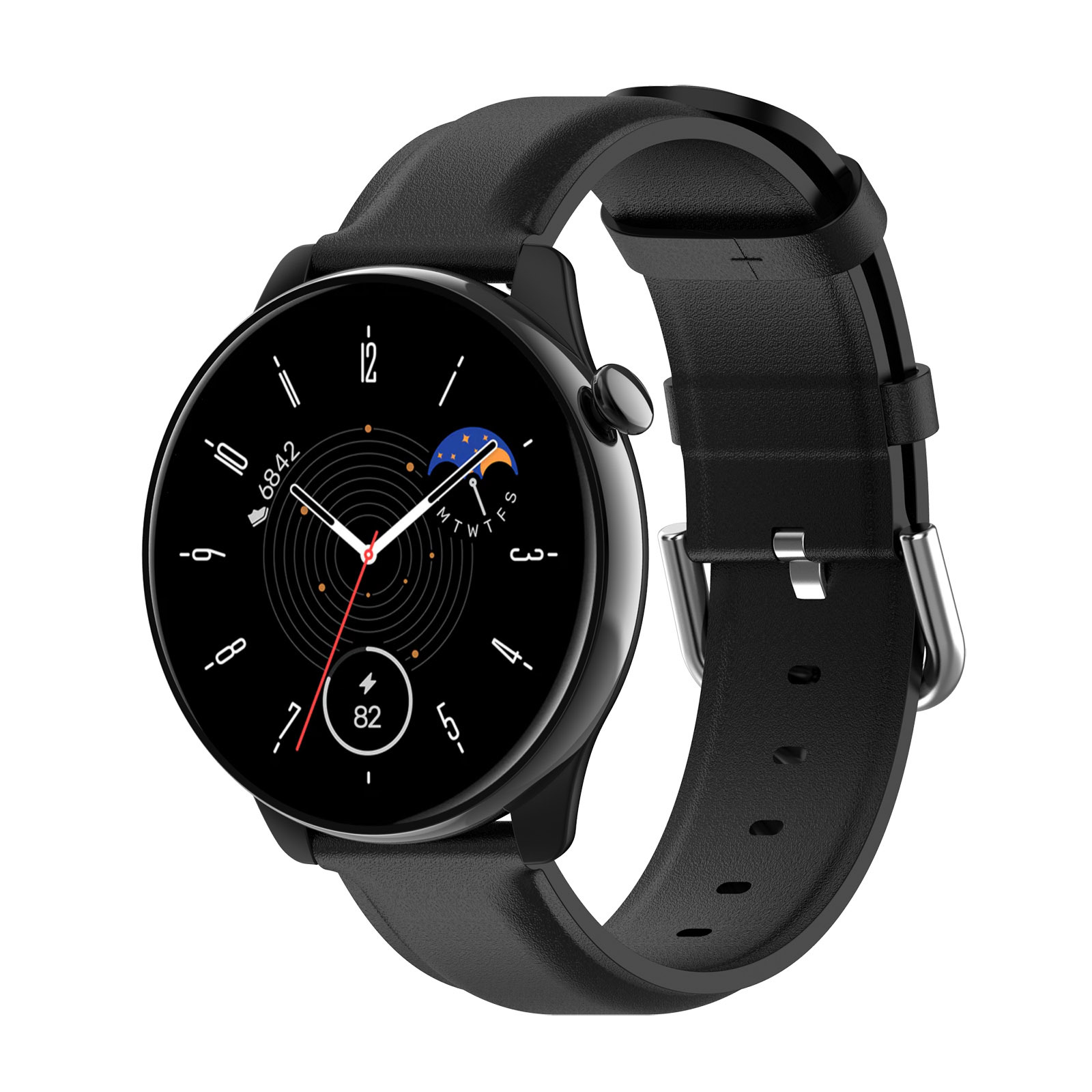 Eine schwarze Smartwatch mit schwarzem Lederarmband. Das Zifferblatt zeigt Uhrzeit und Datum an.