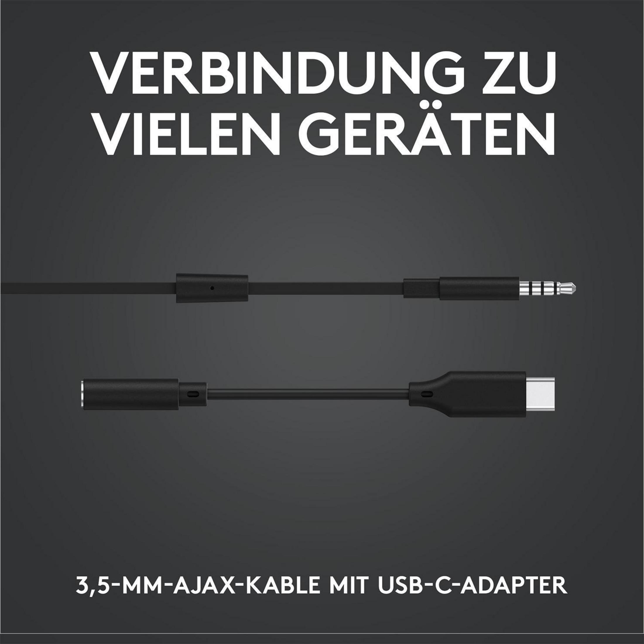 Dwa czarne kable. Jeden ma wtyczkę 3,5 mm, drugi adapter USB-C. Tekst: Połączenie z wieloma urządzeniami.