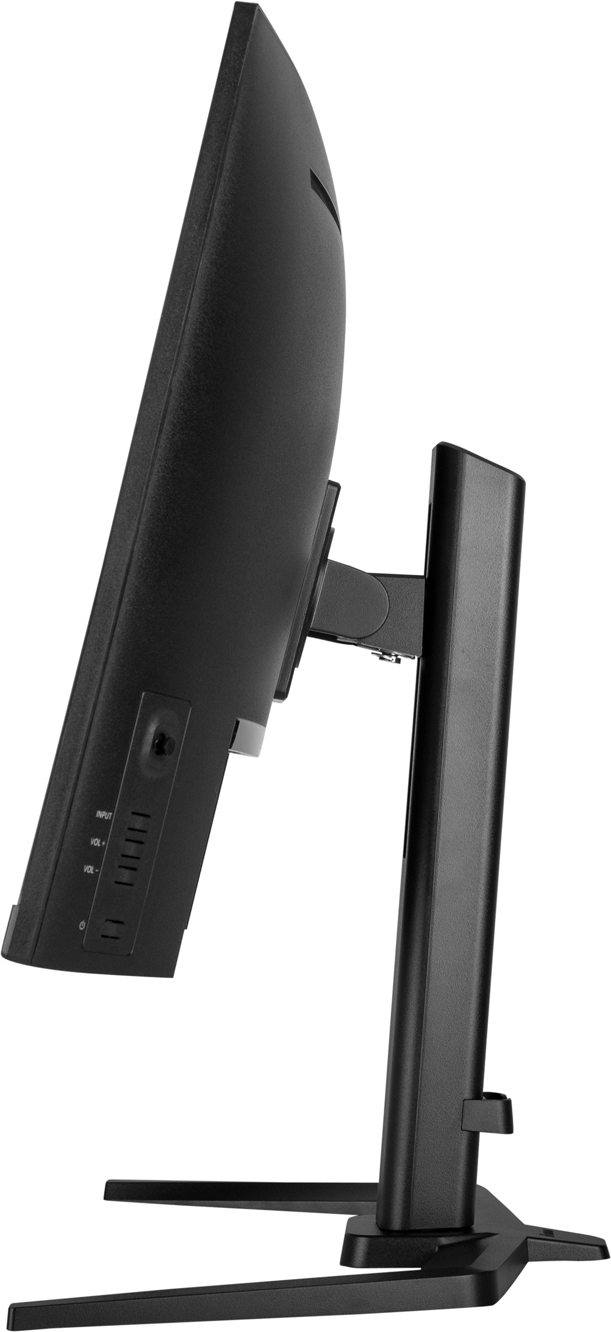 Schwarzer Computermonitor, Seitenansicht. Zeigt Eingangsanschlüsse und Ein/Aus-Schalter. Der Ständer ist auch schwarz.