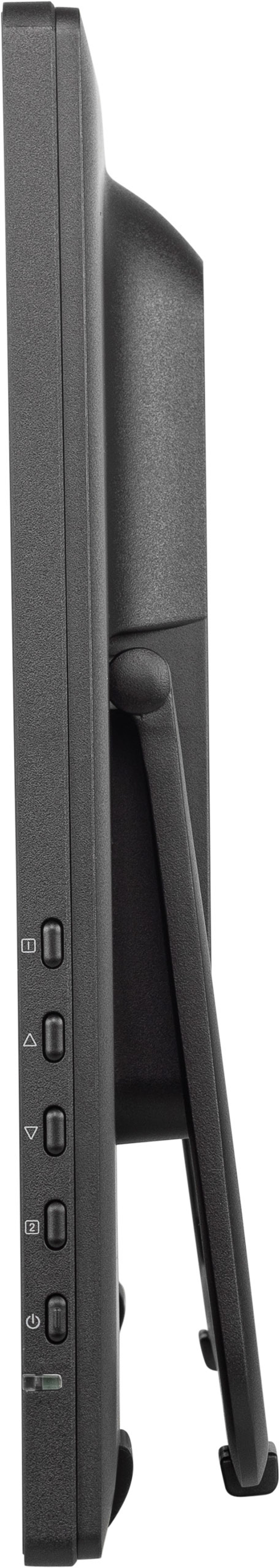 Widok z boku czarnego monitora komputera z przyciskami z boku i podstawką.