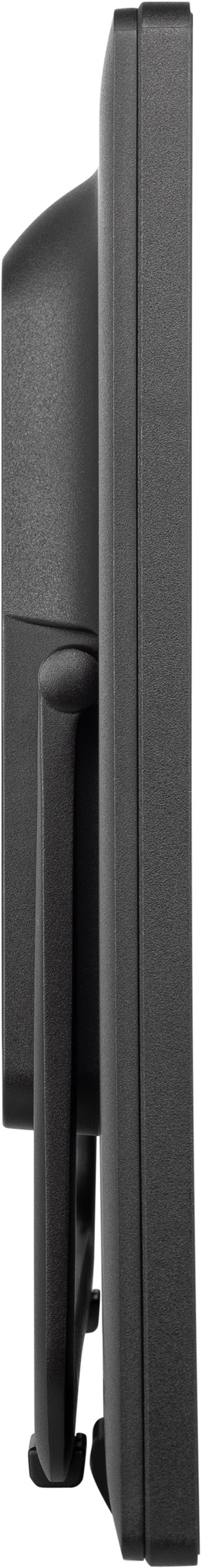 Czarny monitor komputera, widok z boku, pokazujący ramę, stojak i ekran. Monitor jest wyłączony.