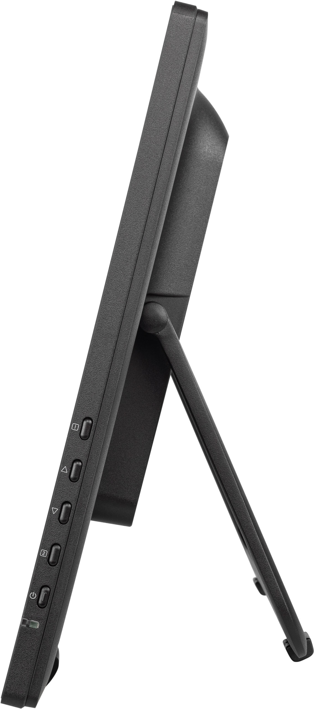 Widok z boku czarnego monitora z przyciskami po lewej i podstawą. Białe tło.