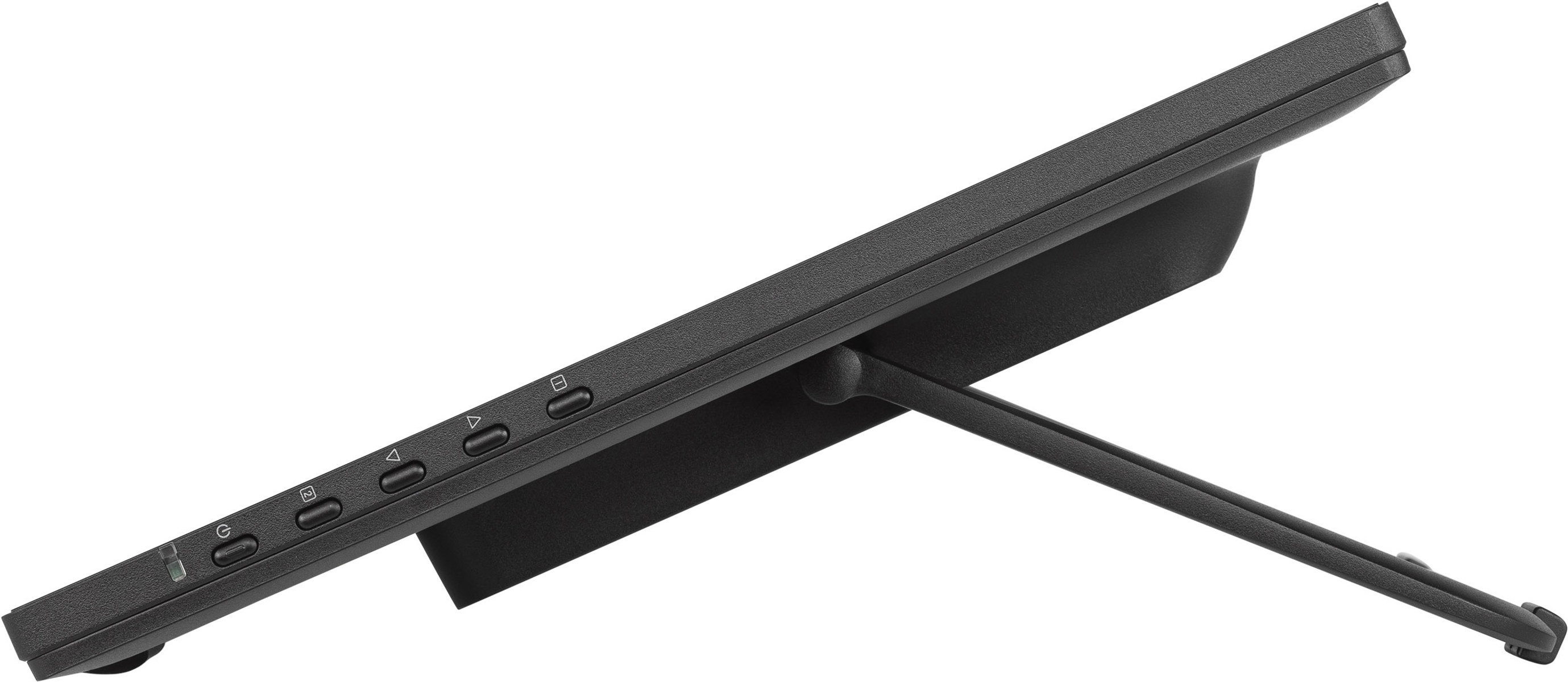 Czarna cyfrowa ramka na zdjęcia ze stojakiem, widok z boku, wyświetlający czarny ekran.