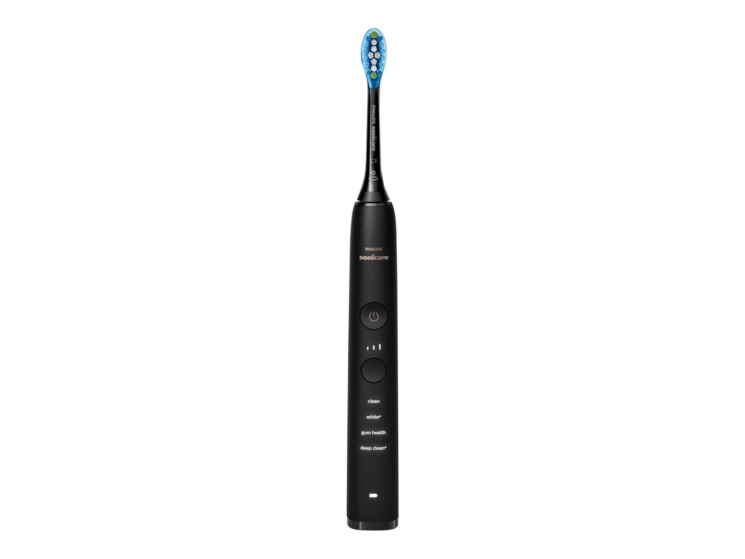 Black electric toothbrush with a blue and white brush head, on a white background.