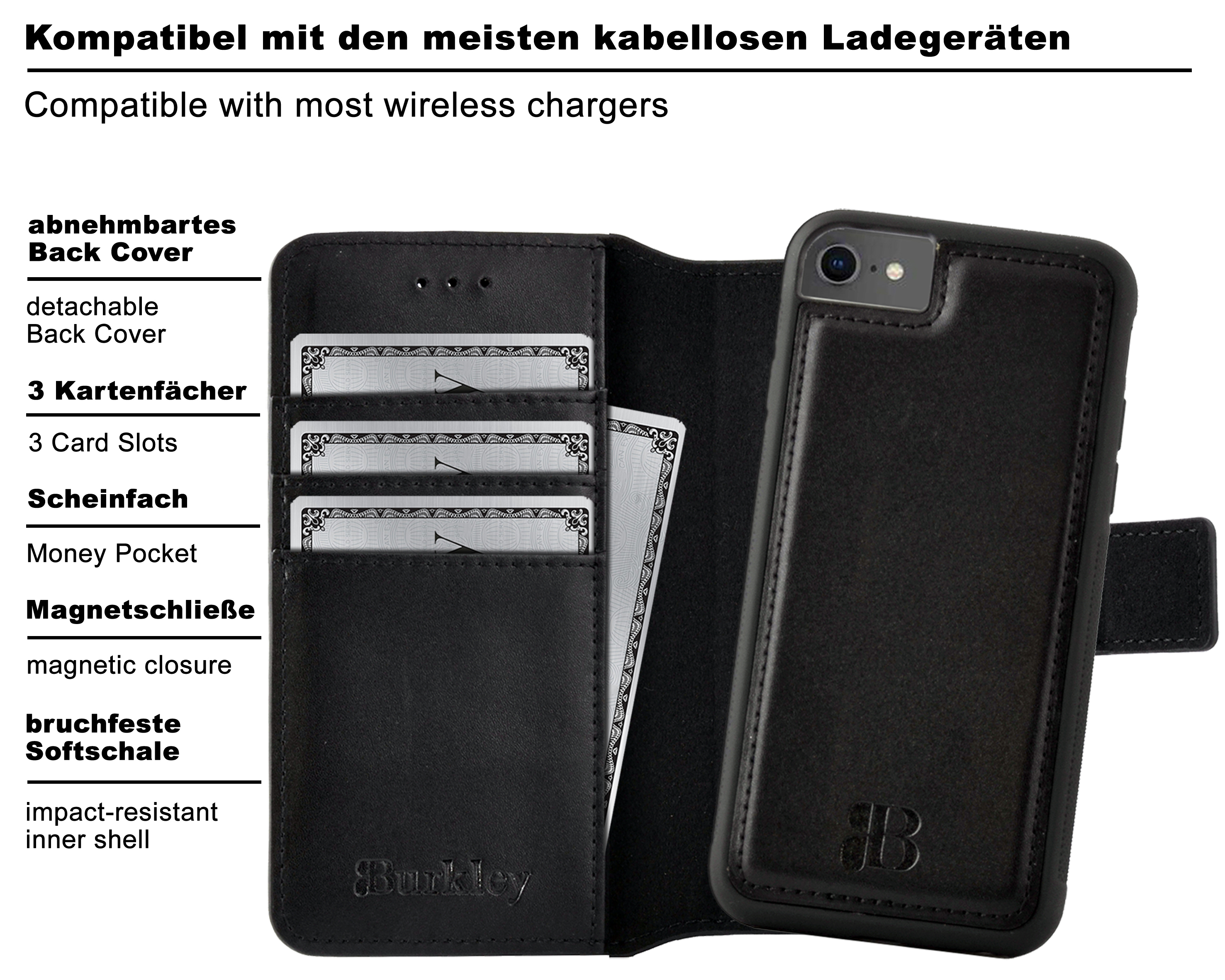 Premium iPhone / Apple, Cover, Handytasche 2-in-1 BURKLEY 2022, 2020 SE Leder modularem Cover, Full Schwarz mit SE