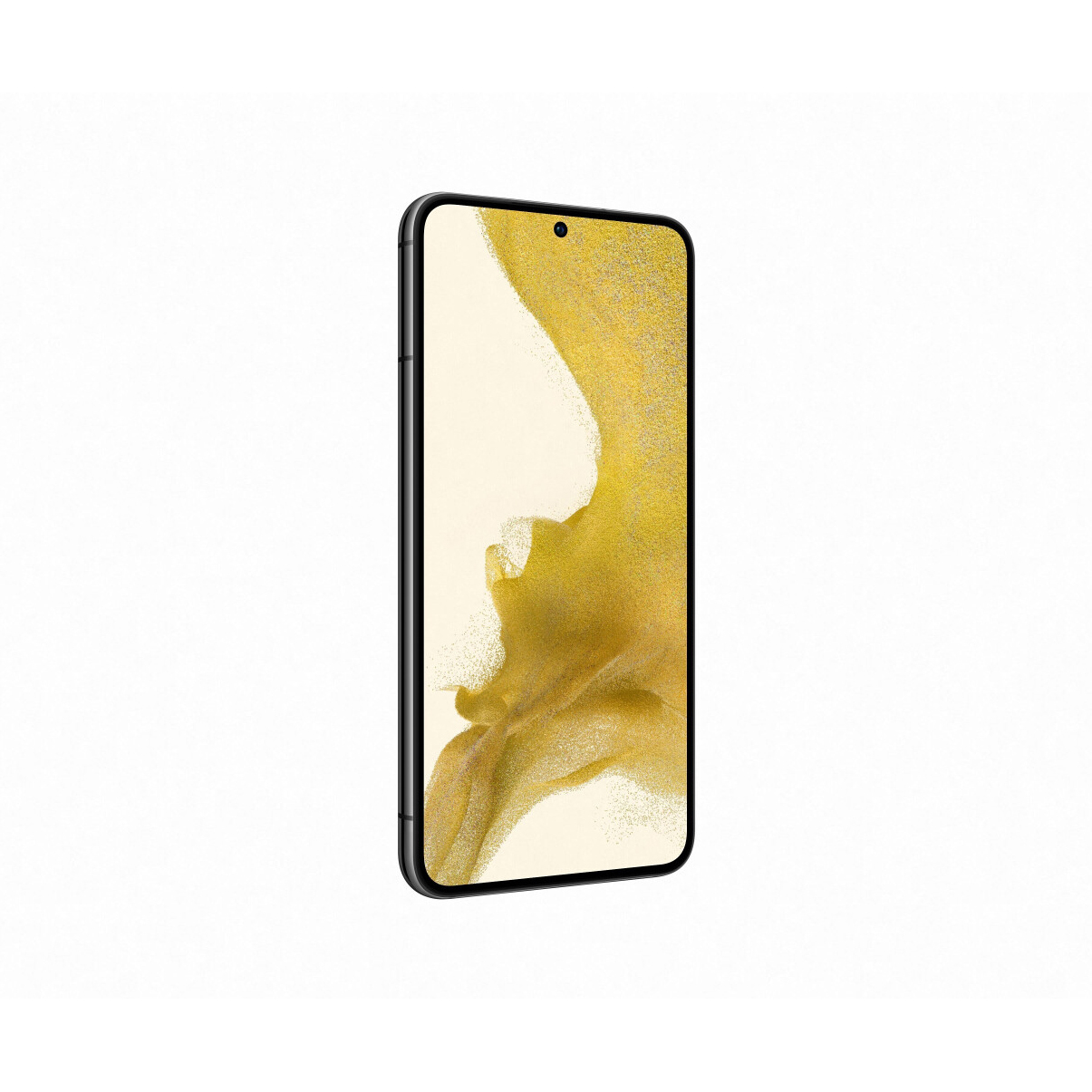 Czarny smartfon z ekranem wyświetlającym złoty wzór, widok z boku. Białe tło.