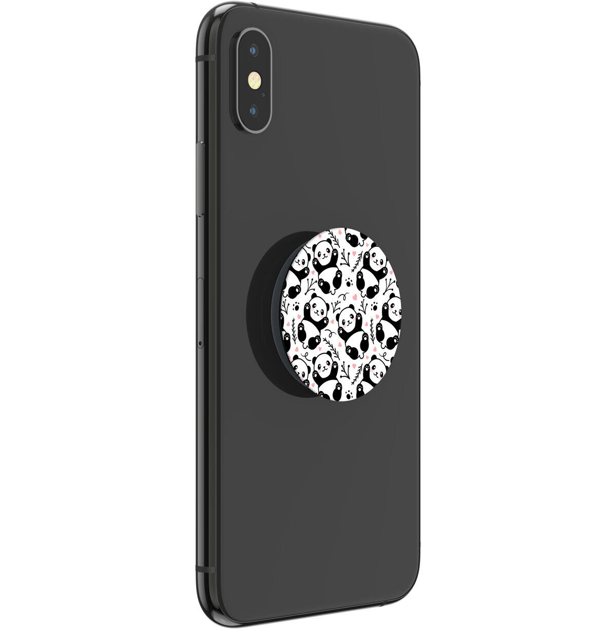 Schwarzes Telefon mit Panda-Pop-Socket. Weißer Hintergrund.