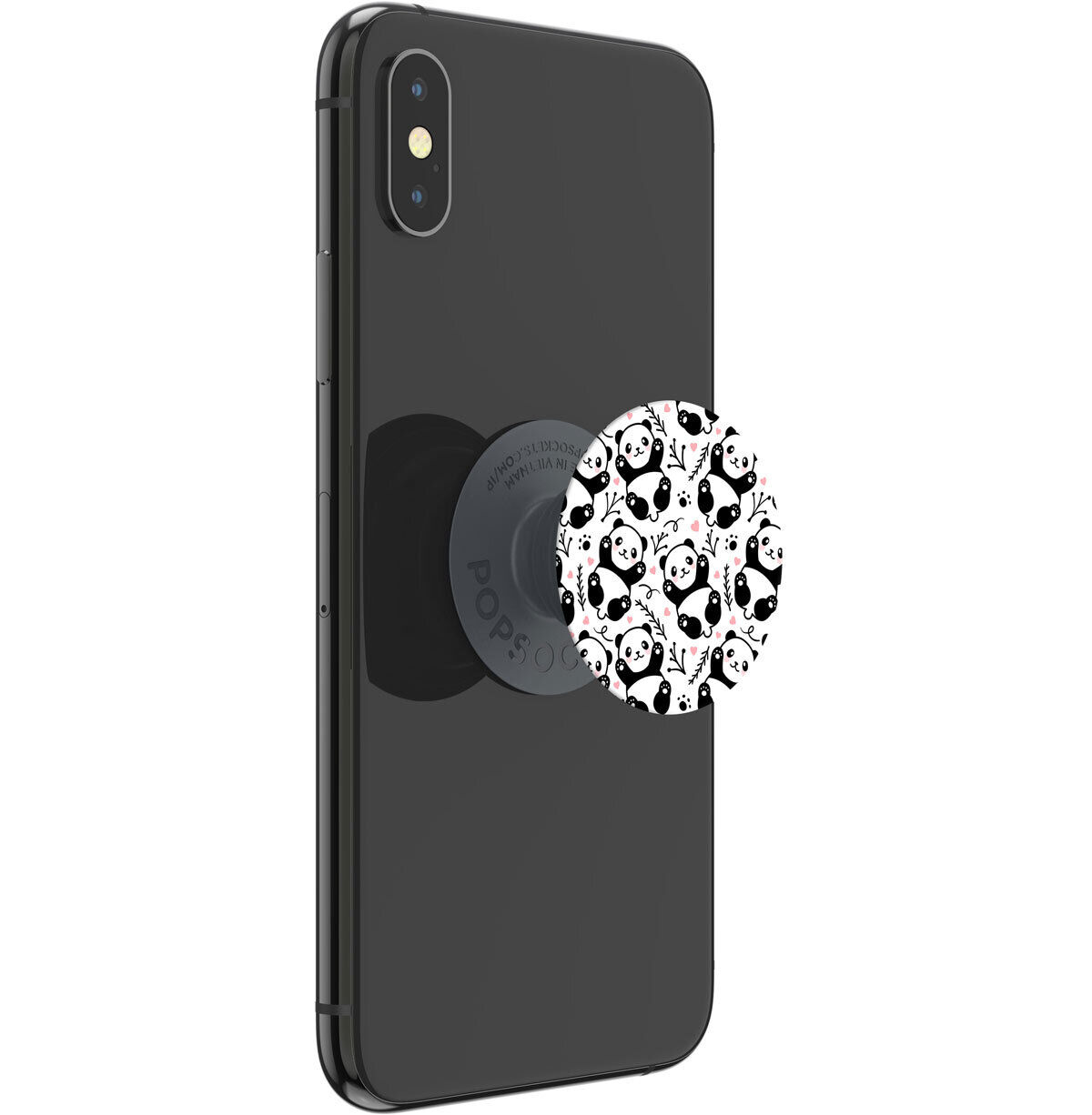 Schwarzes Telefon mit PopSocket mit Pandas und Herzen.
