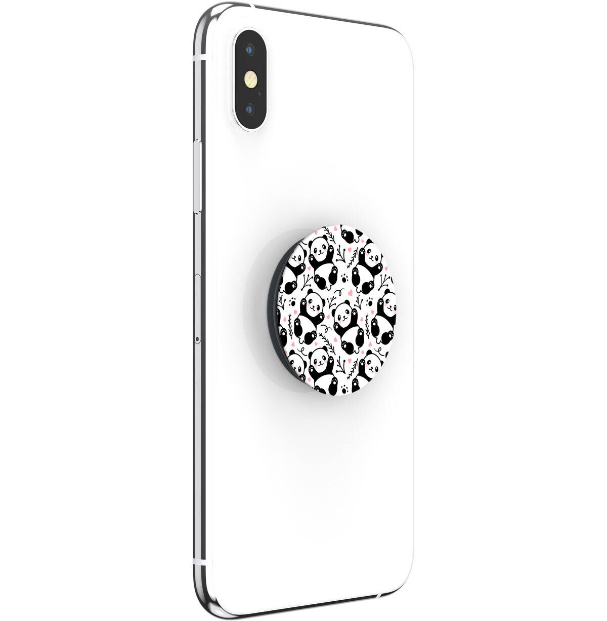 Ein weißes Smartphone mit einem Panda-Pop-Socket auf weißem Hintergrund.