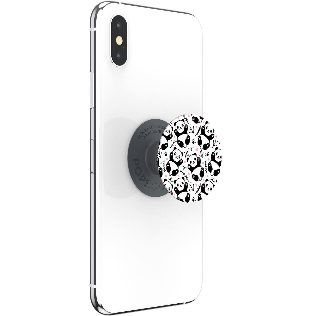 Ein weißes Telefon mit einem Panda-PopSockets auf der Rückseite. Der PopSockets hat ein Panda-Muster.