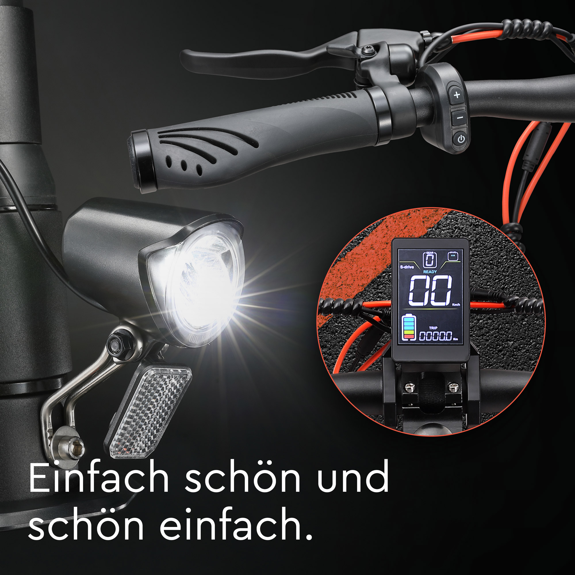 Ein Rollerlenker mit Scheinwerfer und Display mit Text, plus Text auf Deutsch.