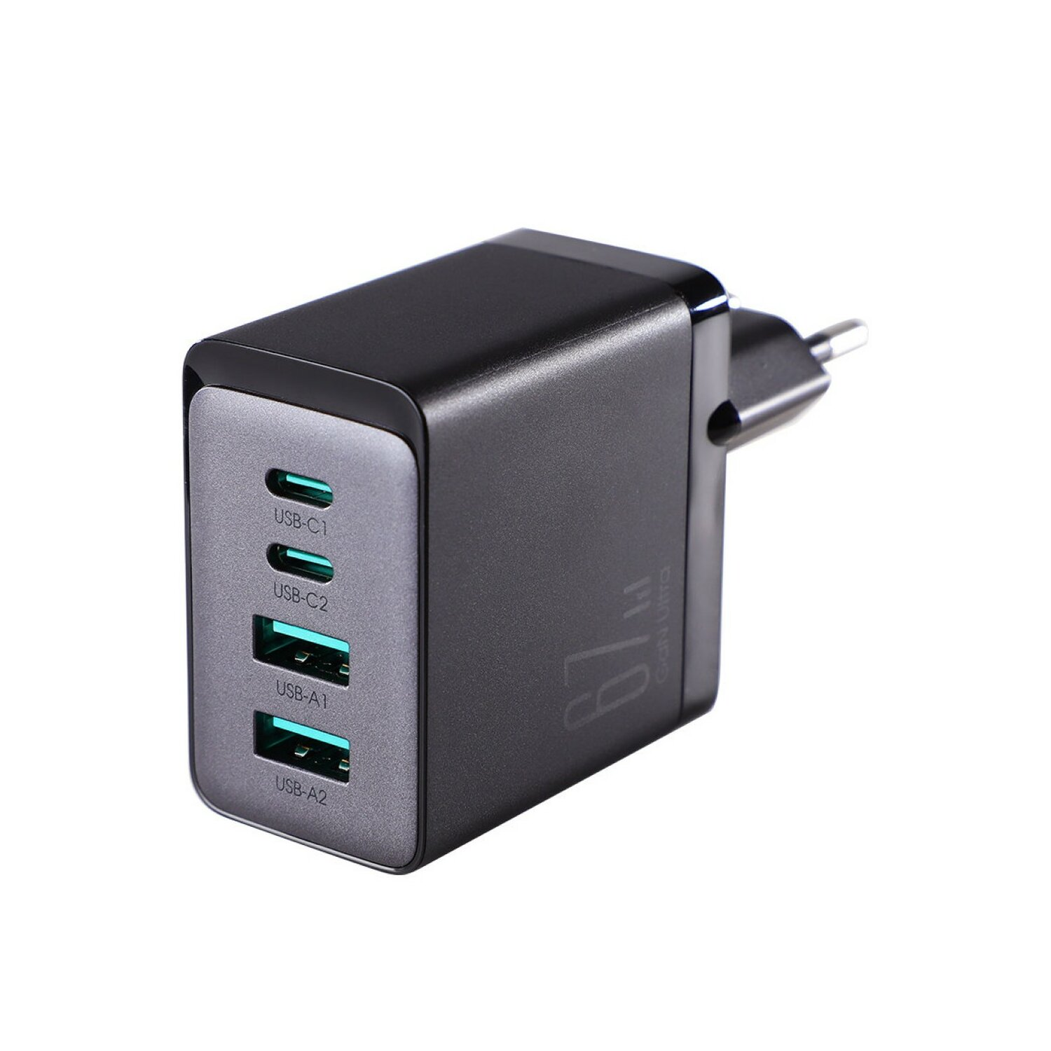 Schwarzes USB-C-Ladegerät mit vier Anschlüssen und Stecker.