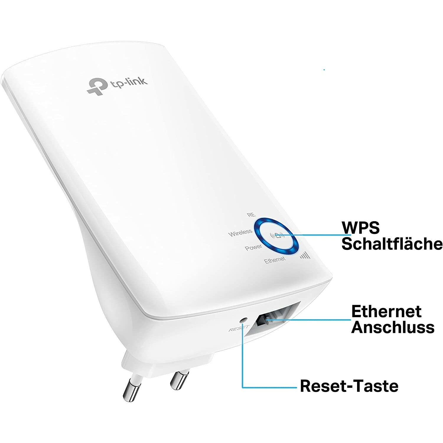 Weißer TP-Link WLAN-Extender mit beschrifteten Tasten: Power, Wireless, Ethernet.