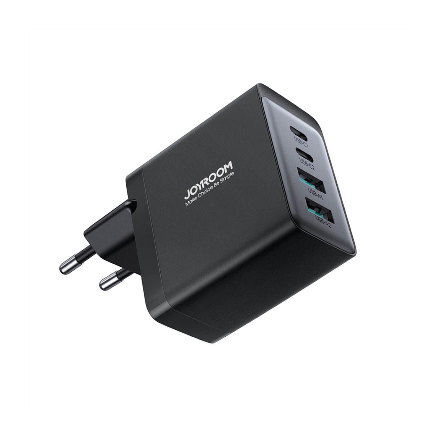 Ein schwarzer Netzadapter mit USB-Anschlüssen. Er hat einen Stecker.