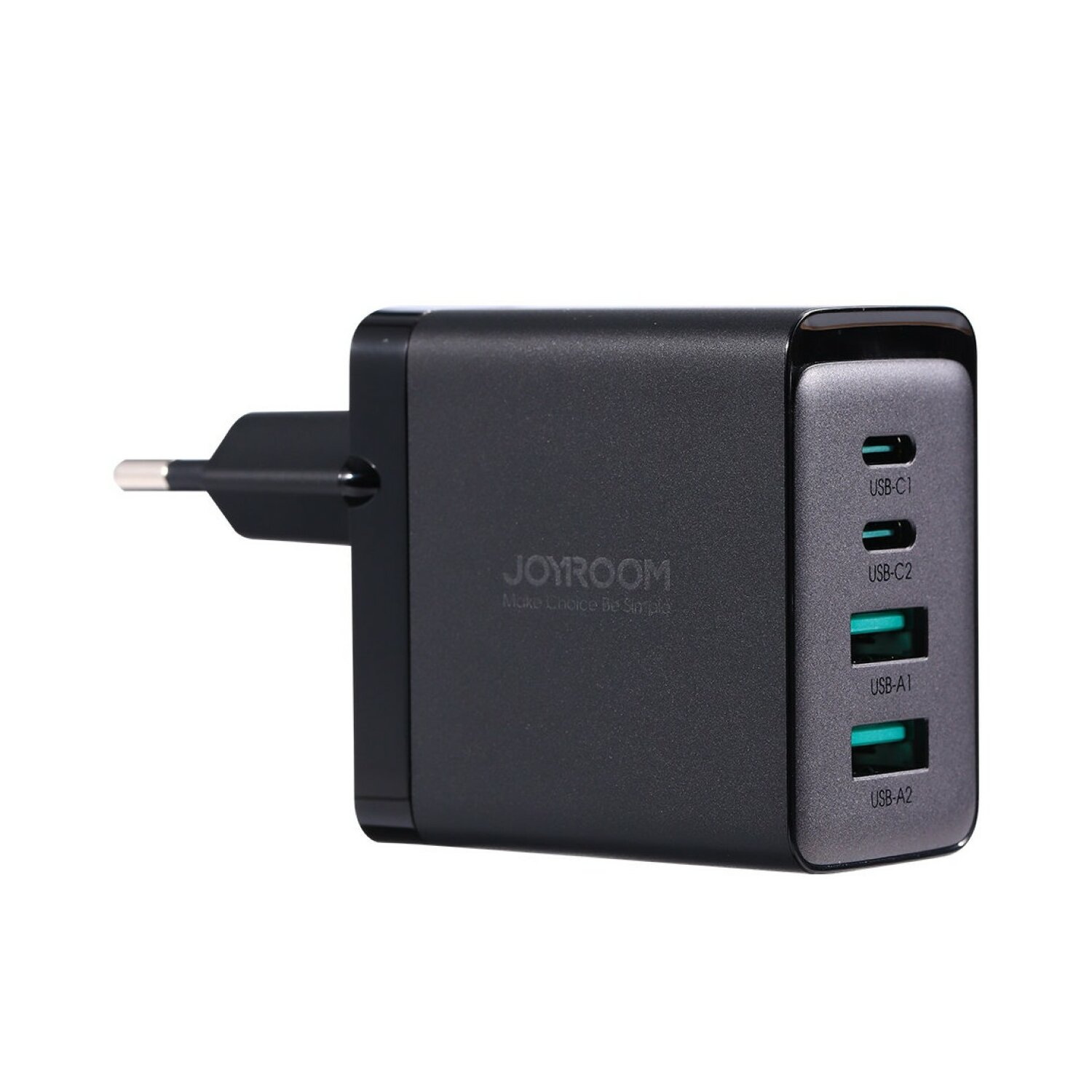 Schwarzes USB-Ladegerät mit 4 Anschlüssen, beschriftet USB-C1, USB-C2, USB-A1 und USB-A2.
