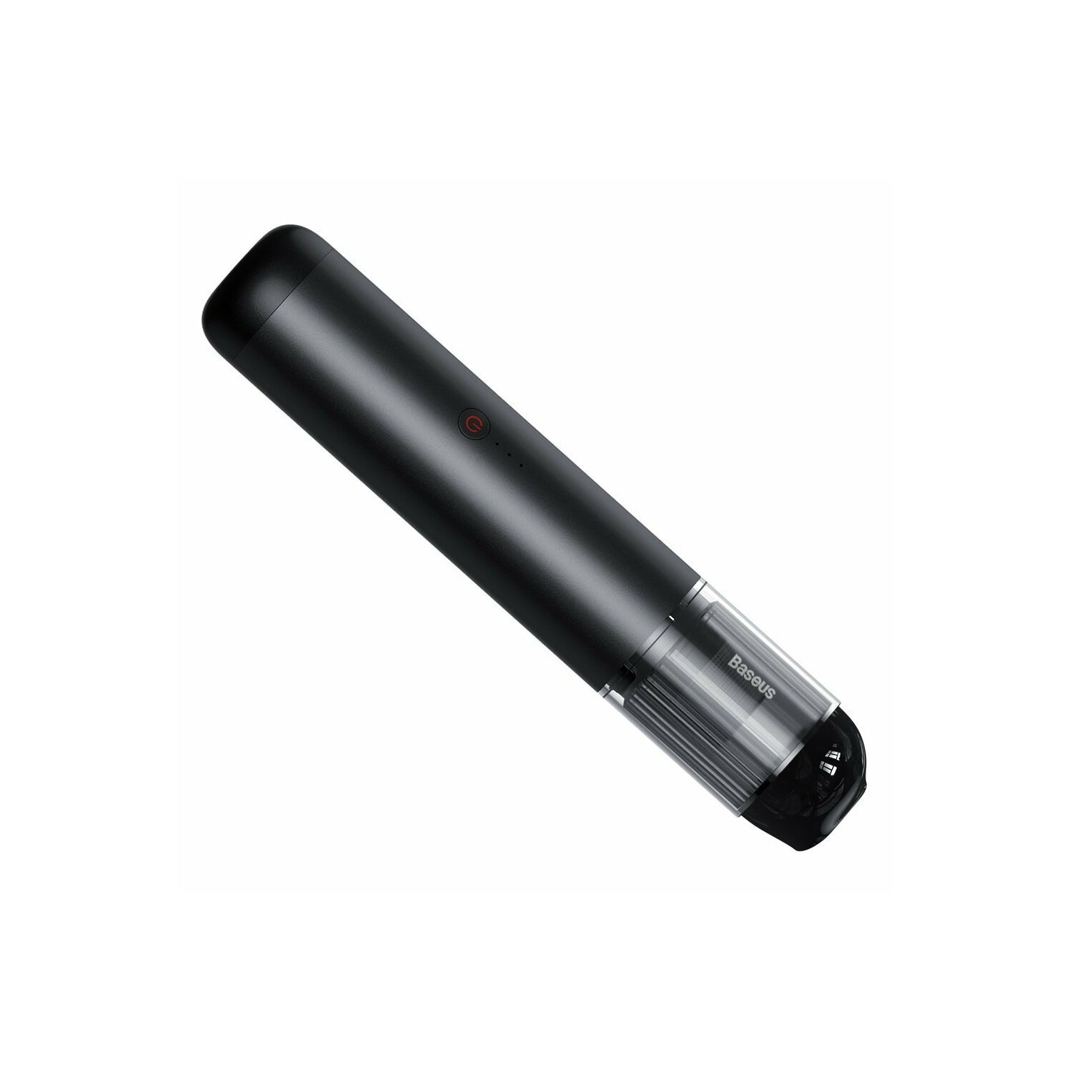 Aspirapolvere portatile nero con un contenitore per la polvere trasparente.