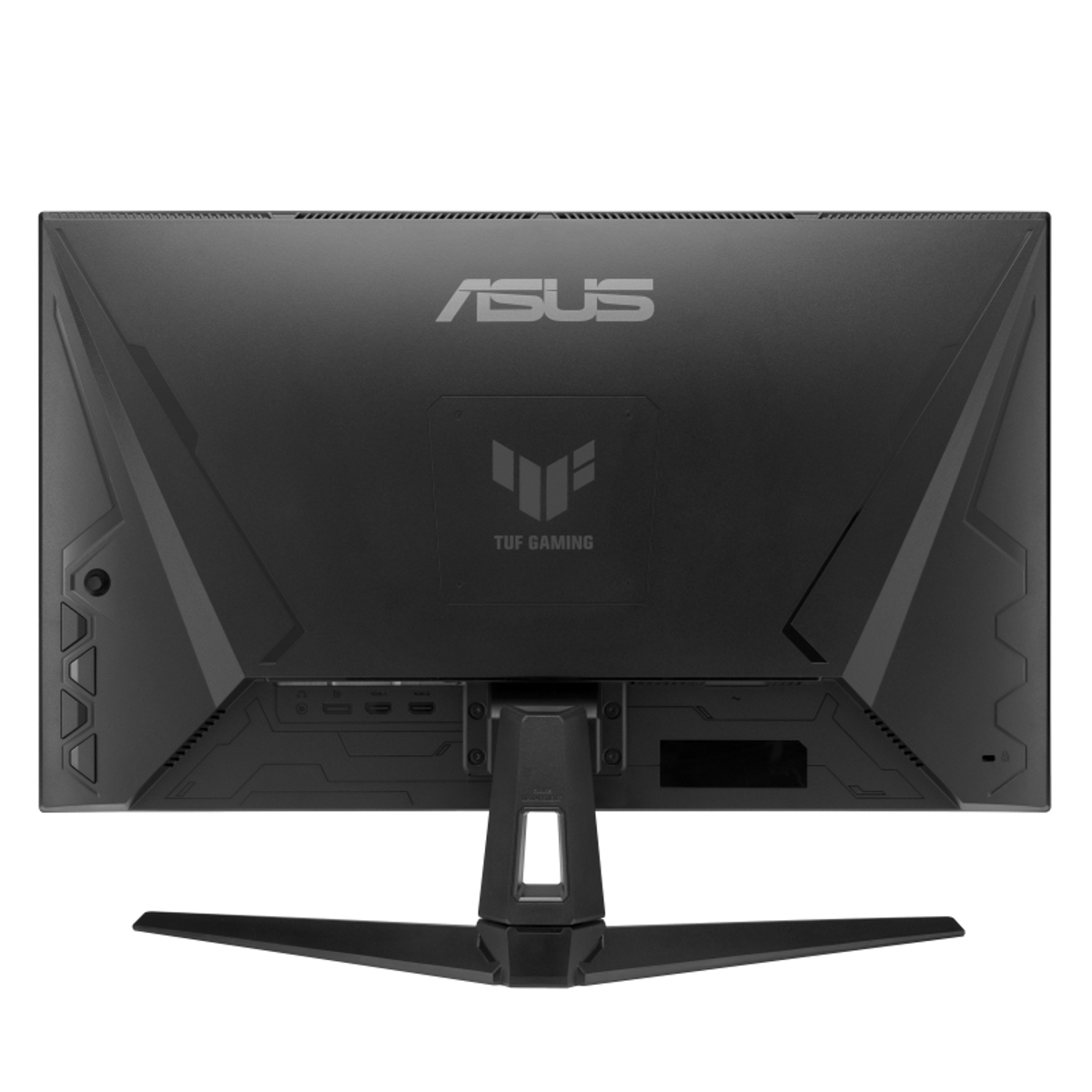 Tył czarnego monitora gamingowego ASUS, pokazujący porty, mocowanie podstawy i logo ASUS.