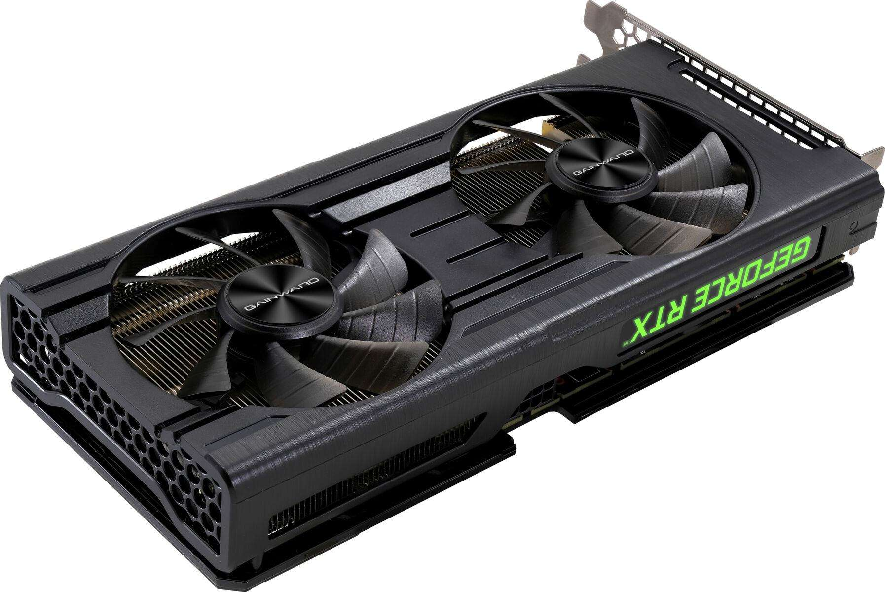 Una scheda grafica Gainward GeForce RTX, nera con due ventole, dettagli verdi.