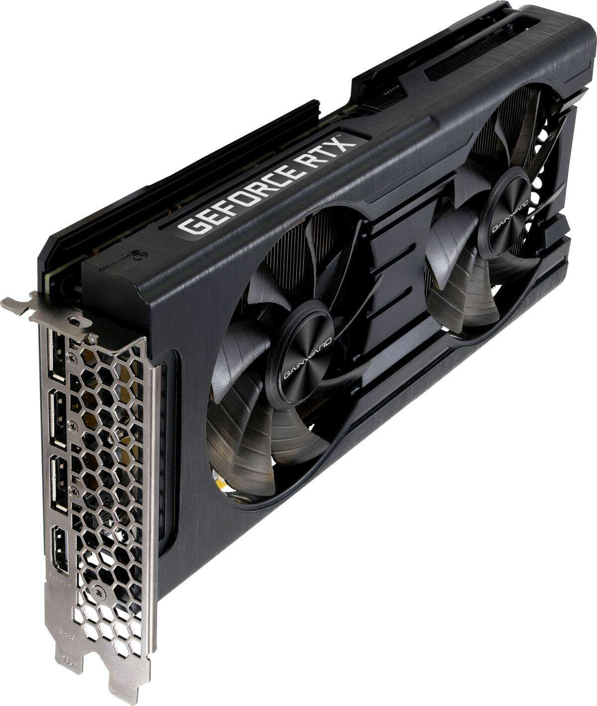 Scheda grafica GeForce RTX con doppie ventole. Nera con accenti argentati. La scheda è angolata.