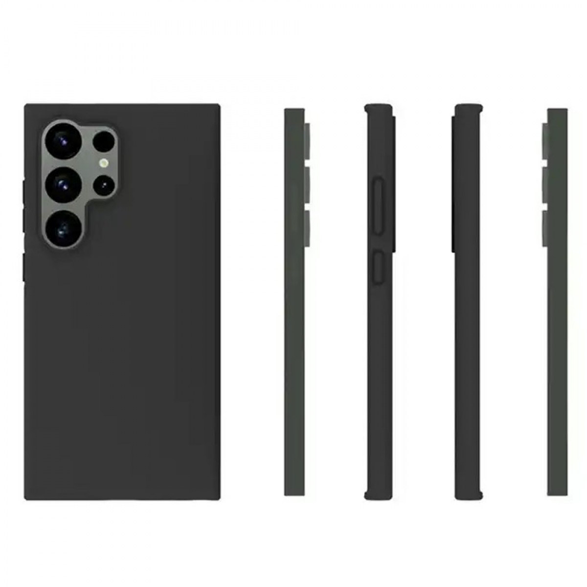 Schwarzes Telefon und Hülle. Mehrere Ansichten zeigen Telefon, Rückseite und Seitenprofile. Alles ist schwarz.