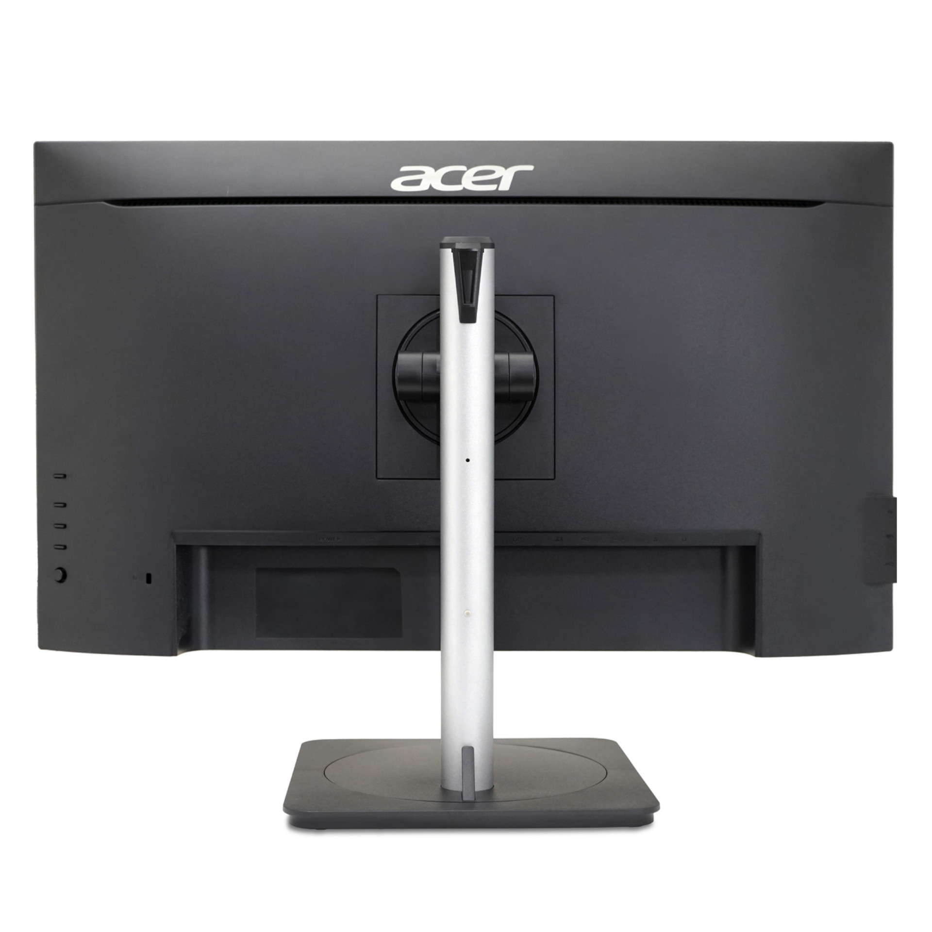 Black Acer monitor with silver stand, back view. Power, HDMI, and other ports visible.