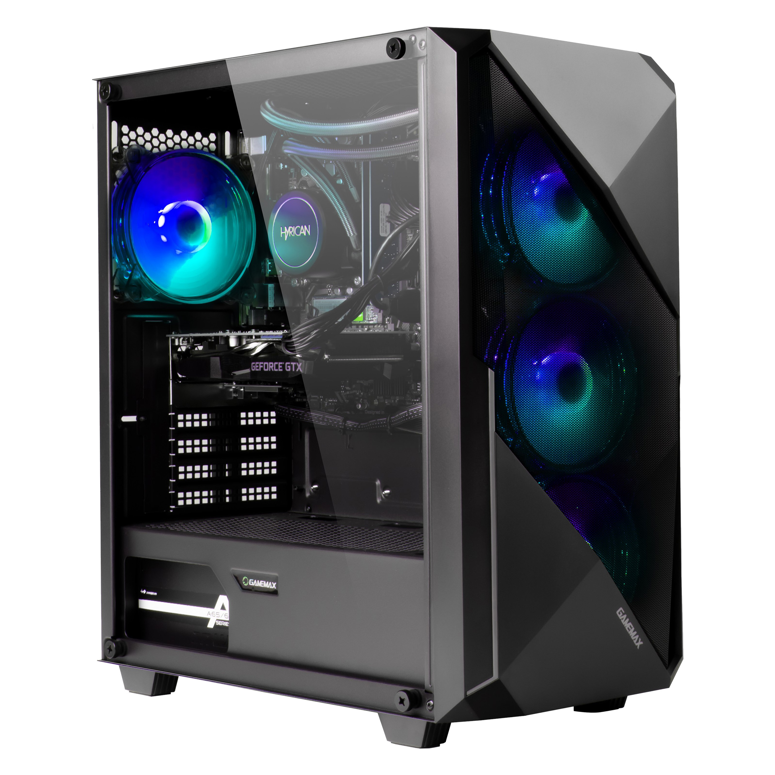 Ein Computergehäuse mit sichtbaren internen Komponenten und Lüftern.