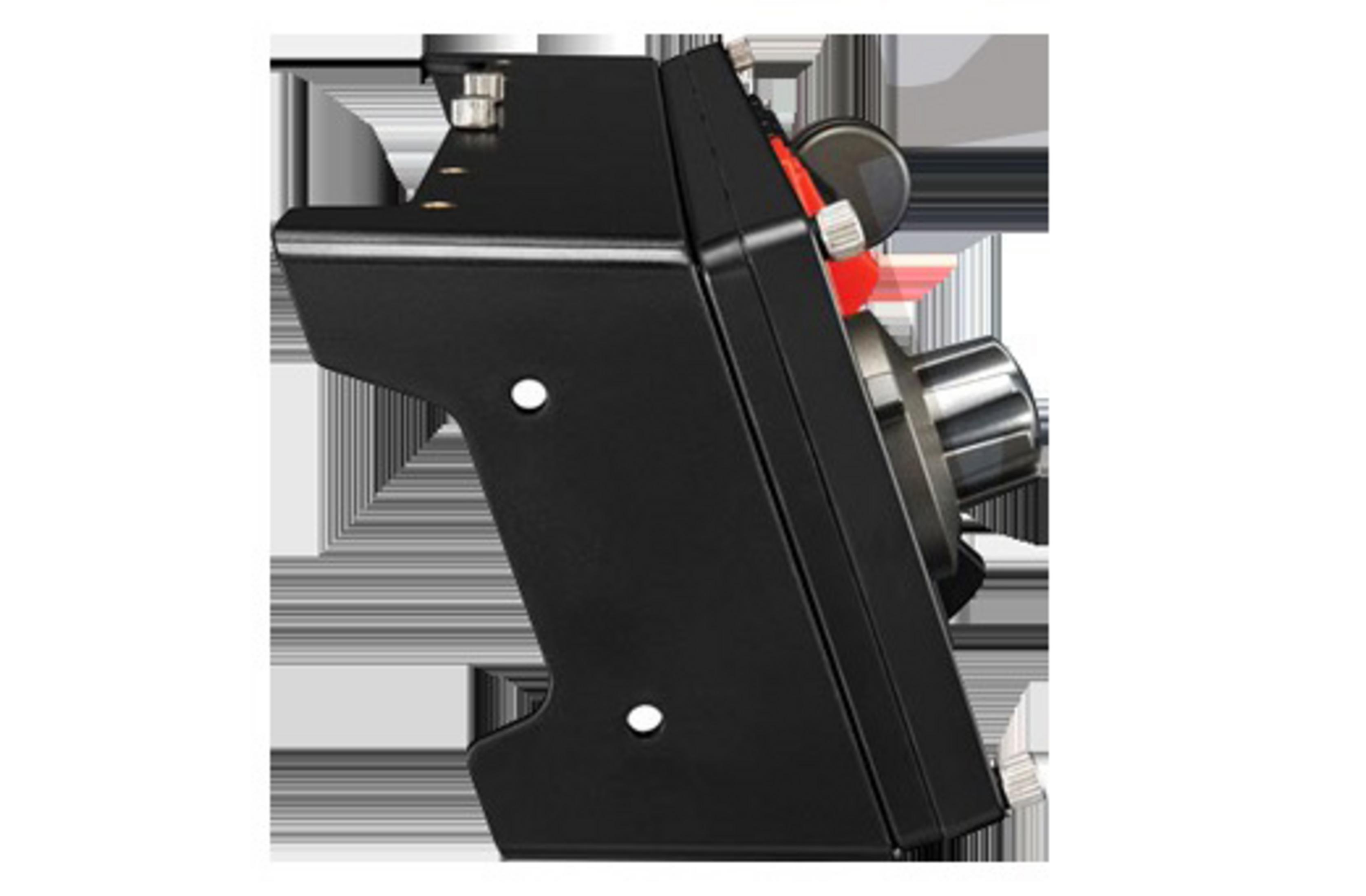 Dispositivo elettronico nero con pulsanti e una manopola. Vista laterale su sfondo bianco.