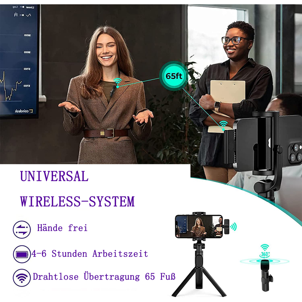 Zwei Personen bei einer Präsentation, eine mit einem drahtlosen Mikrofonsystem und ein Smartphone auf einem Stativ.